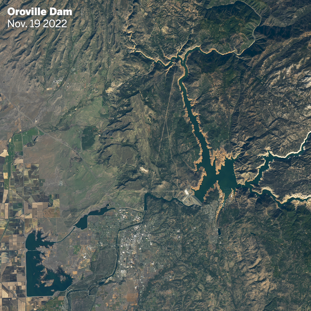 Before: Oroville Dam on November 19, 2022. After: Oroville Dam on January 30, 2023. (NASA)