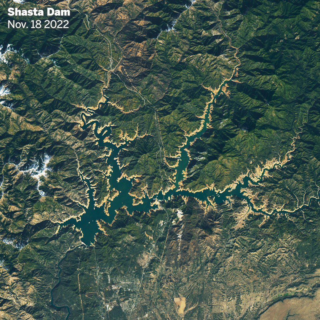 Before: Shasta Dam on November 18, 2022. After: Shasta Dam on January 29, 2023. (NASA)