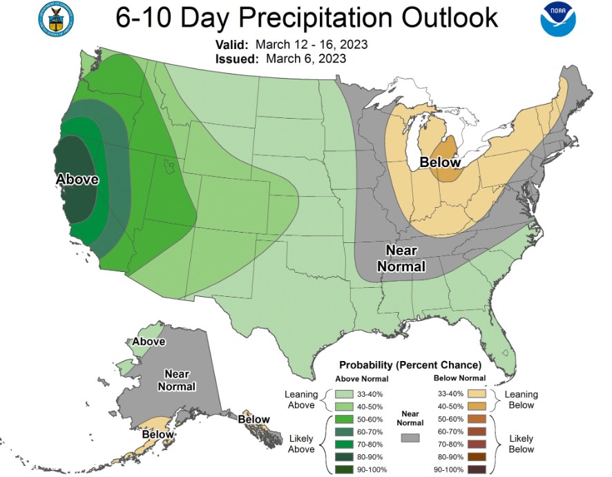More rainy and snowy weather is expected over California in the next 10 days, according to a NOAA forecast March 6, 2023. (NOAA)