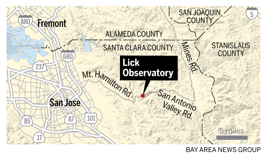 Map showing the location of the Lick Observatory on Mt. Hamilton Road, East of San Jose.
