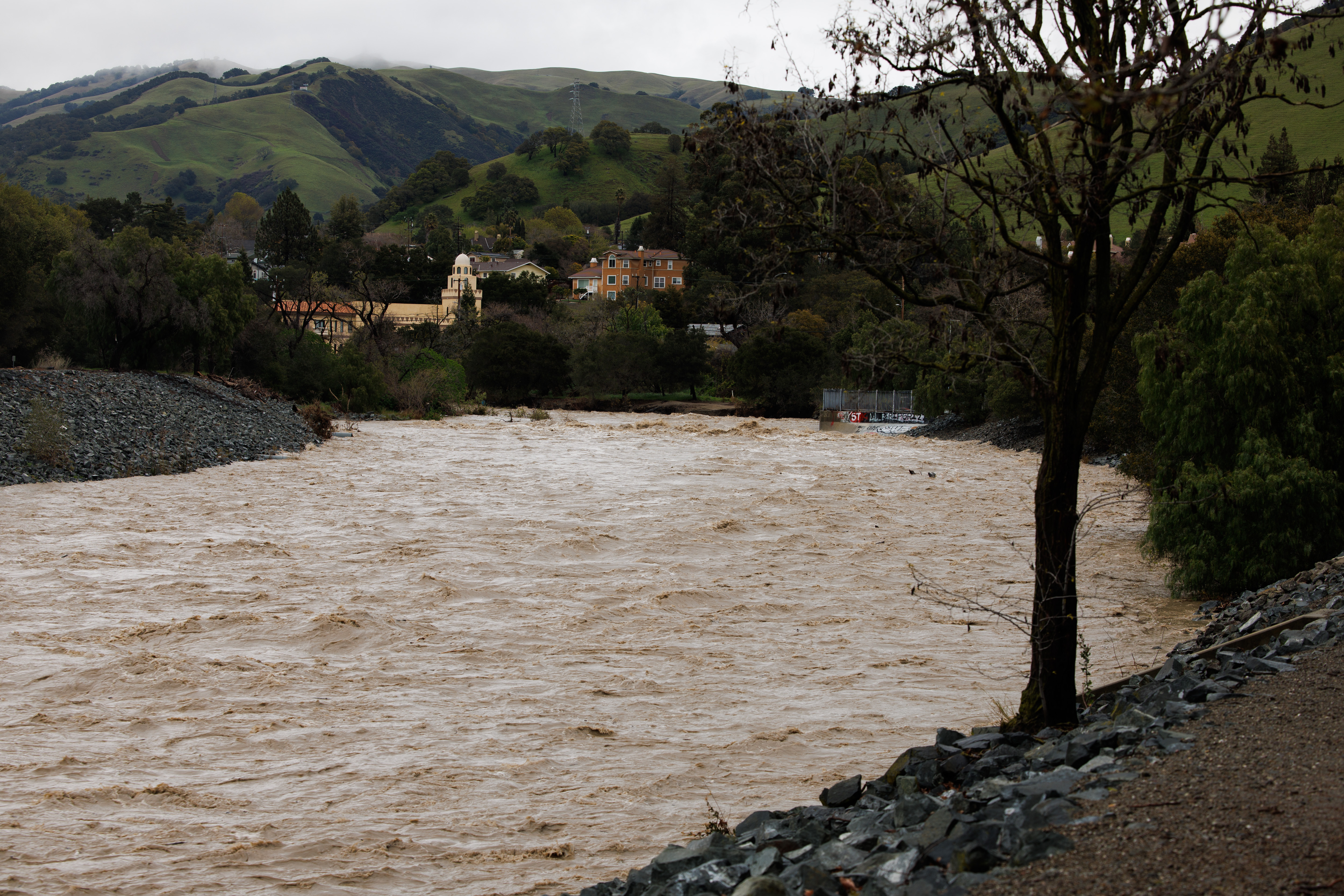 Swollen Alameda Creek flows rapidly in Fremont, Calif., as the latest atmospheric river storm system hits the Bay Area on Friday, March 10, 2023. 