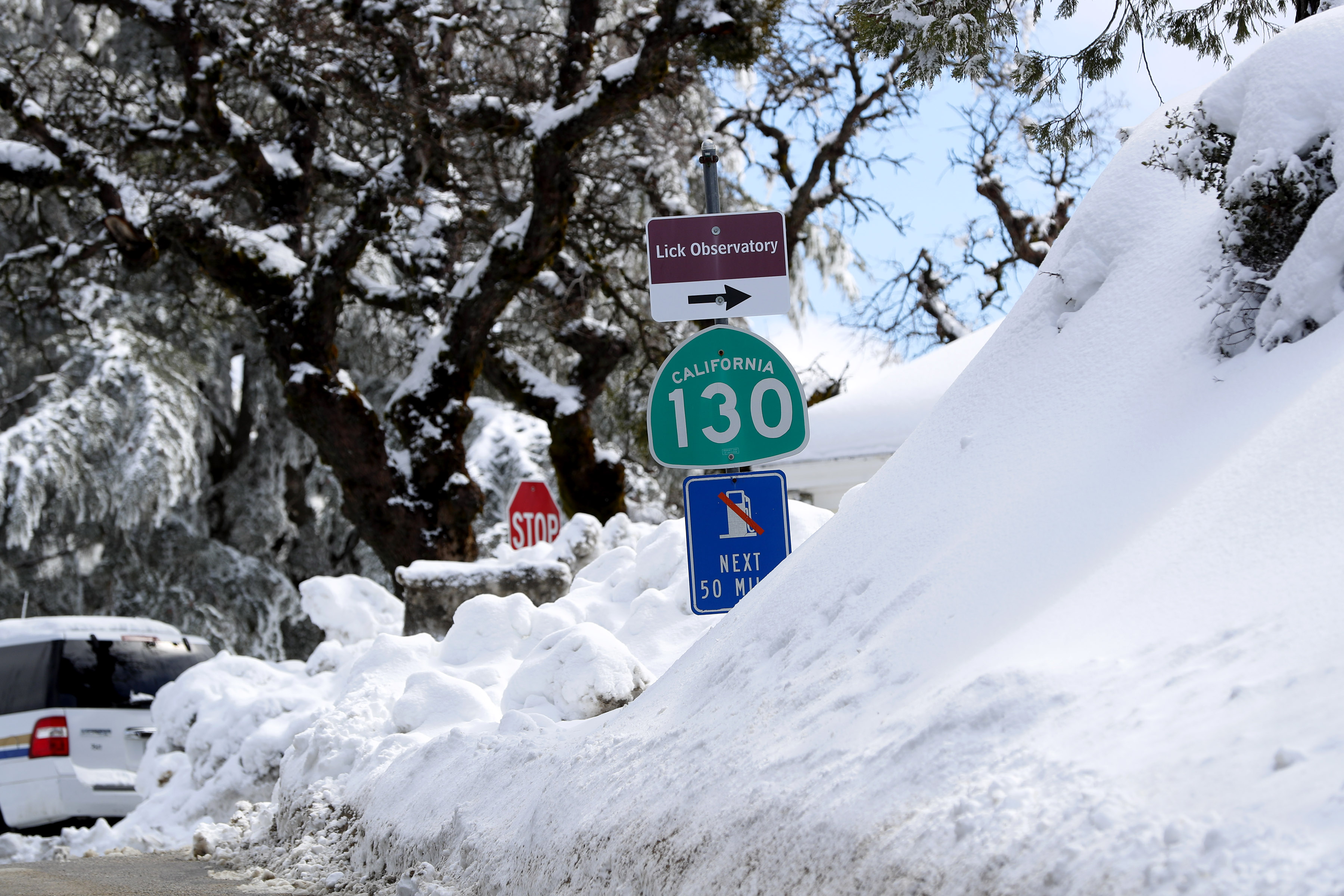 Snow piles up atop Highway 130 at Lick Observatory on Mount Hamilton, Tuesday, March 7, 2023.