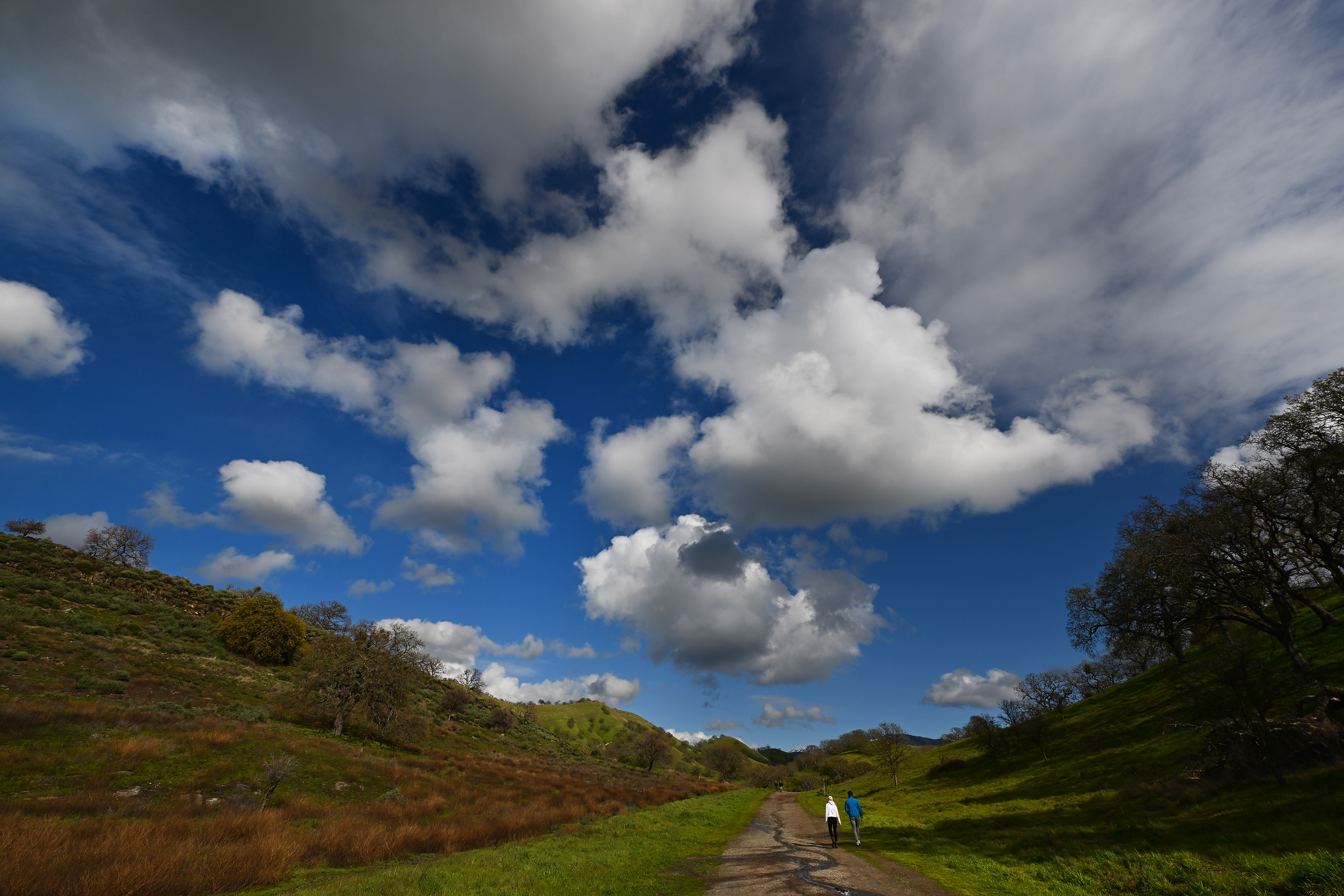 Large white puffy clouds decorate the sky as a couple go for a hike at Shell Ridge Open Space in Walnut Creek , Calif., on Sunday, March 5, 2023.