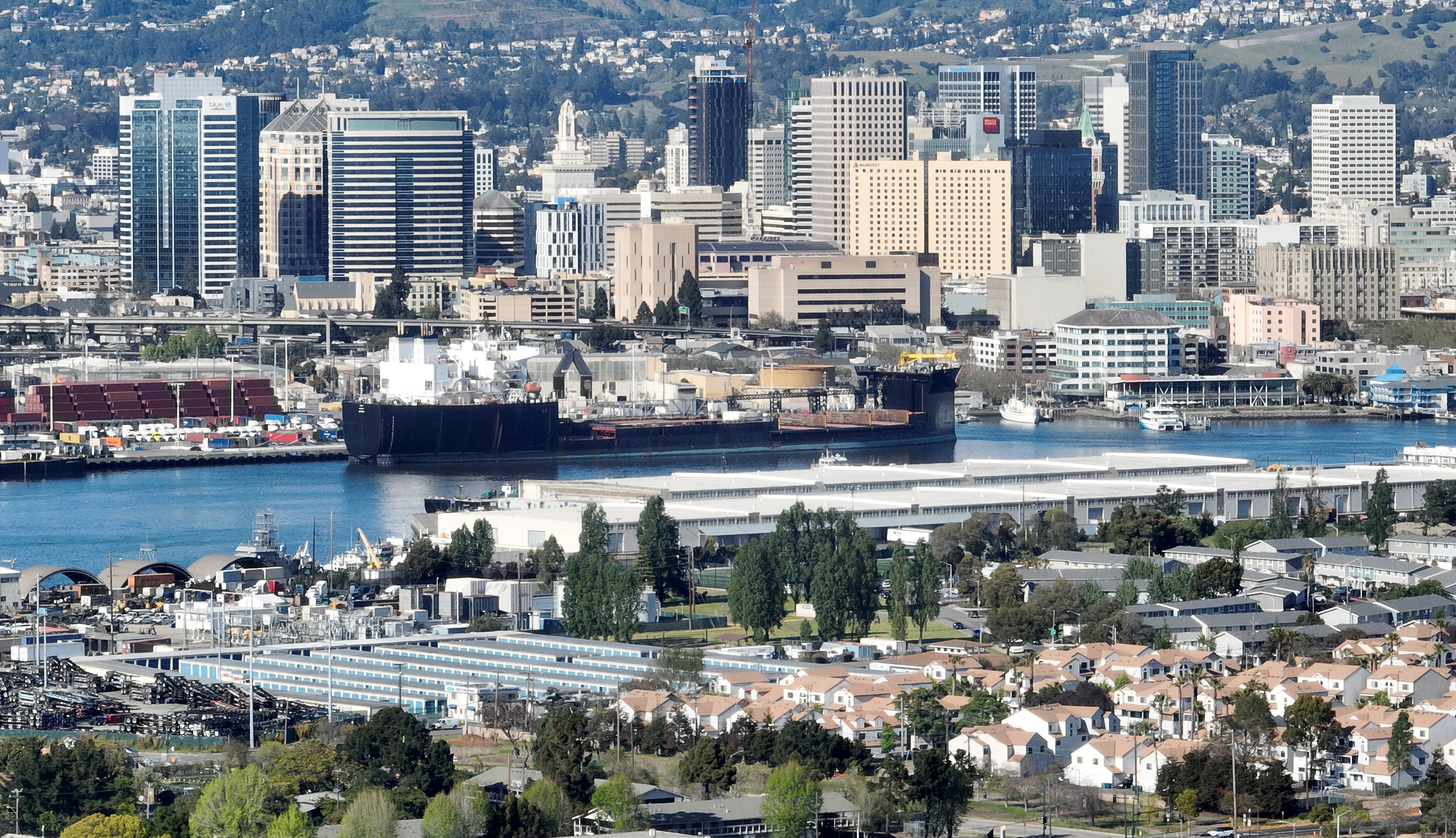 An aerial view of downtown Oakland, the Port of Oakland 's Howard Terminal and the Oakland Estuary from Alameda, Calif., on Wednesday, April 26, 2023. (Jane Tyska/Bay Area News Group)