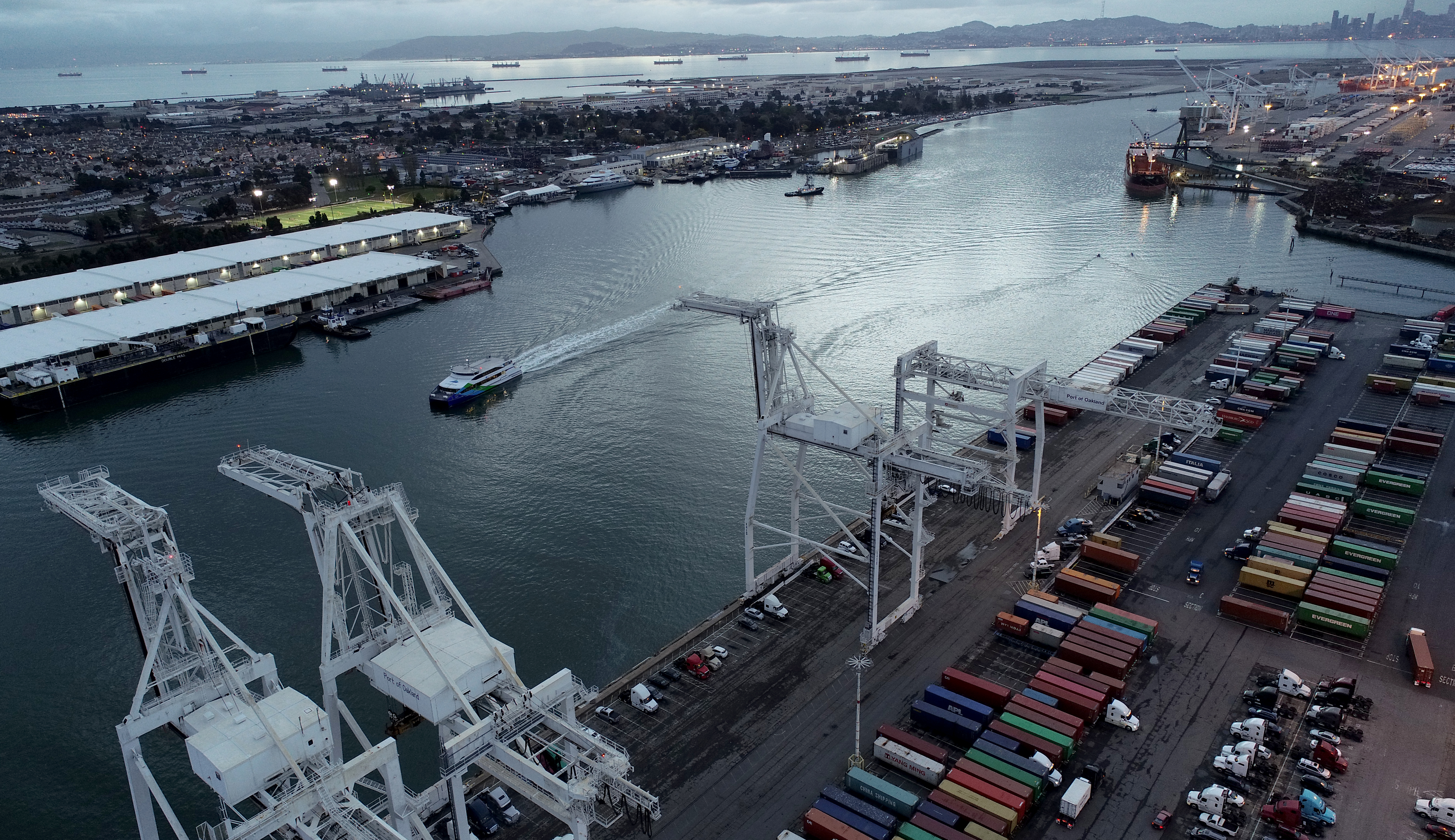Howard Terminal and the Oakland Estuary is seen in this drone view over Oakland in November 2018.