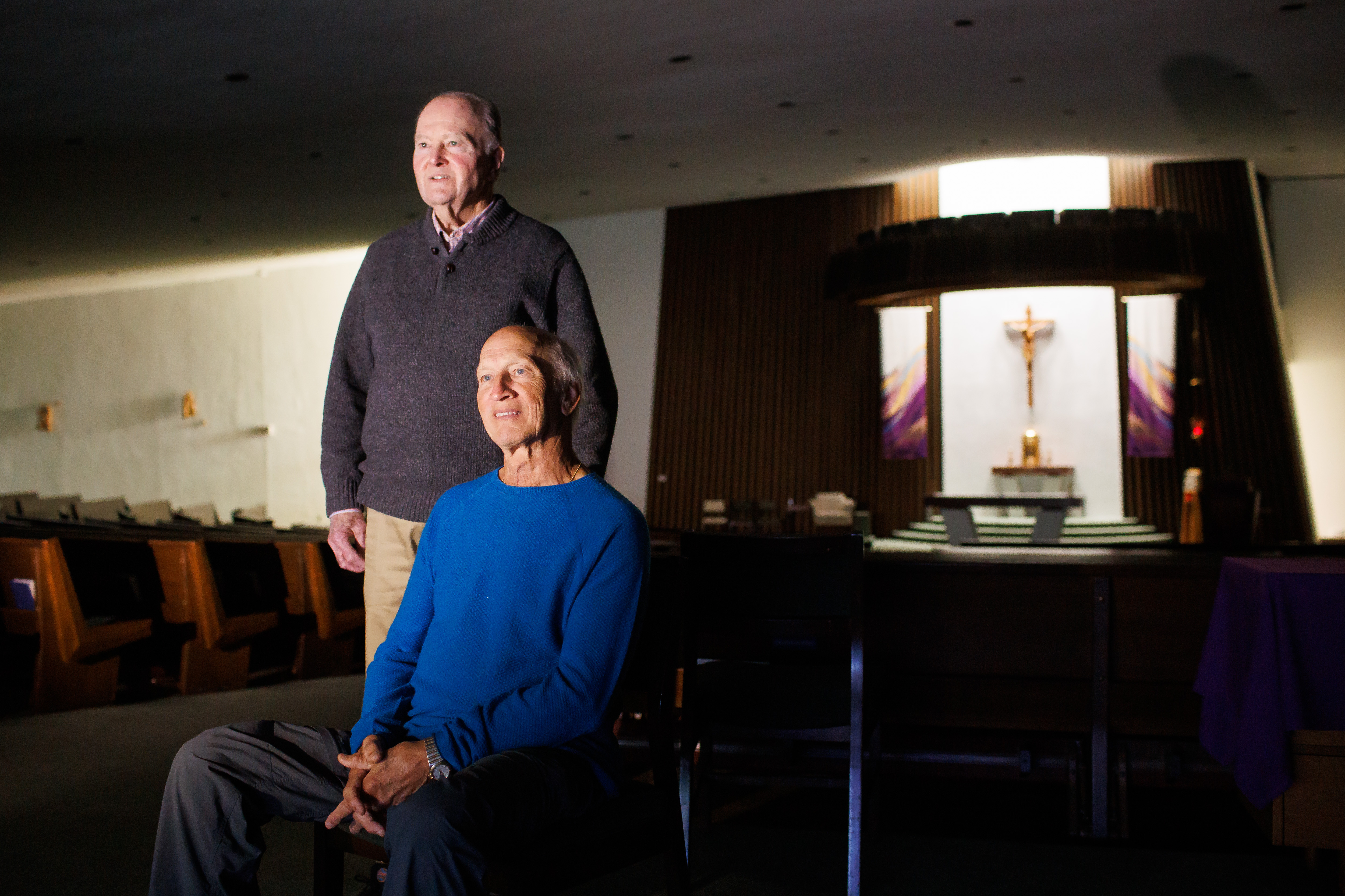 Michael Huston, front, and his cousin, Michael McDevitt, at Sacred Heart Catholic Church in Saratoga have engaged in an 18-year-quest to have Cora Evans, the best friend of Huston's grandmother, one day be named a Catholic saint. (Dai Sugano/Bay Area News Group)