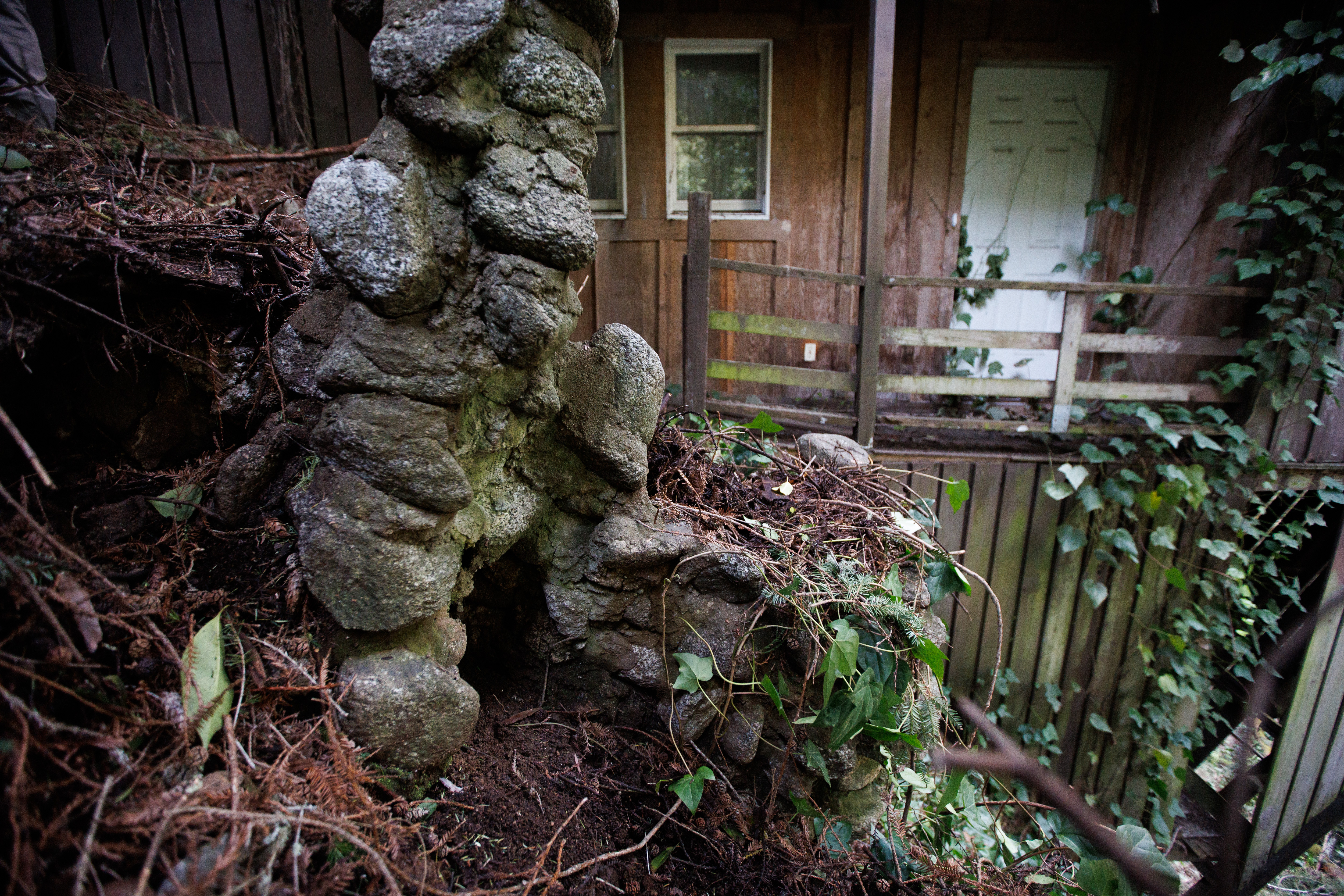 A home-made rock grotto that may have once held a religious statue belonging to the late Cora Evans, whose case for sainthood is being taken to the Vatican next week, was recently uncovered by the current property owner, Bill Kersten, and Sandra Condra, a neighbor's friend, in Boulder Creek, Calif., on April 4, 2023. (Dai Sugano/Bay Area News Group)
