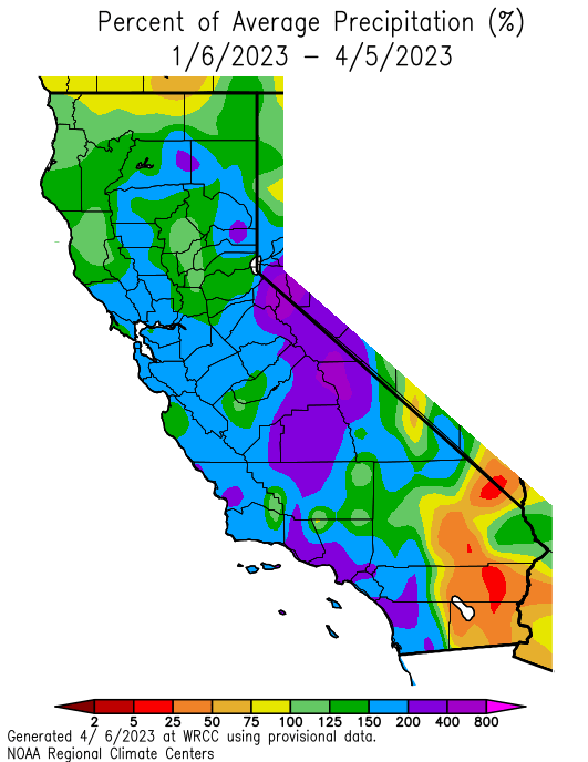 A map of precipitation in California showing how the last 90 days compares to historical averages