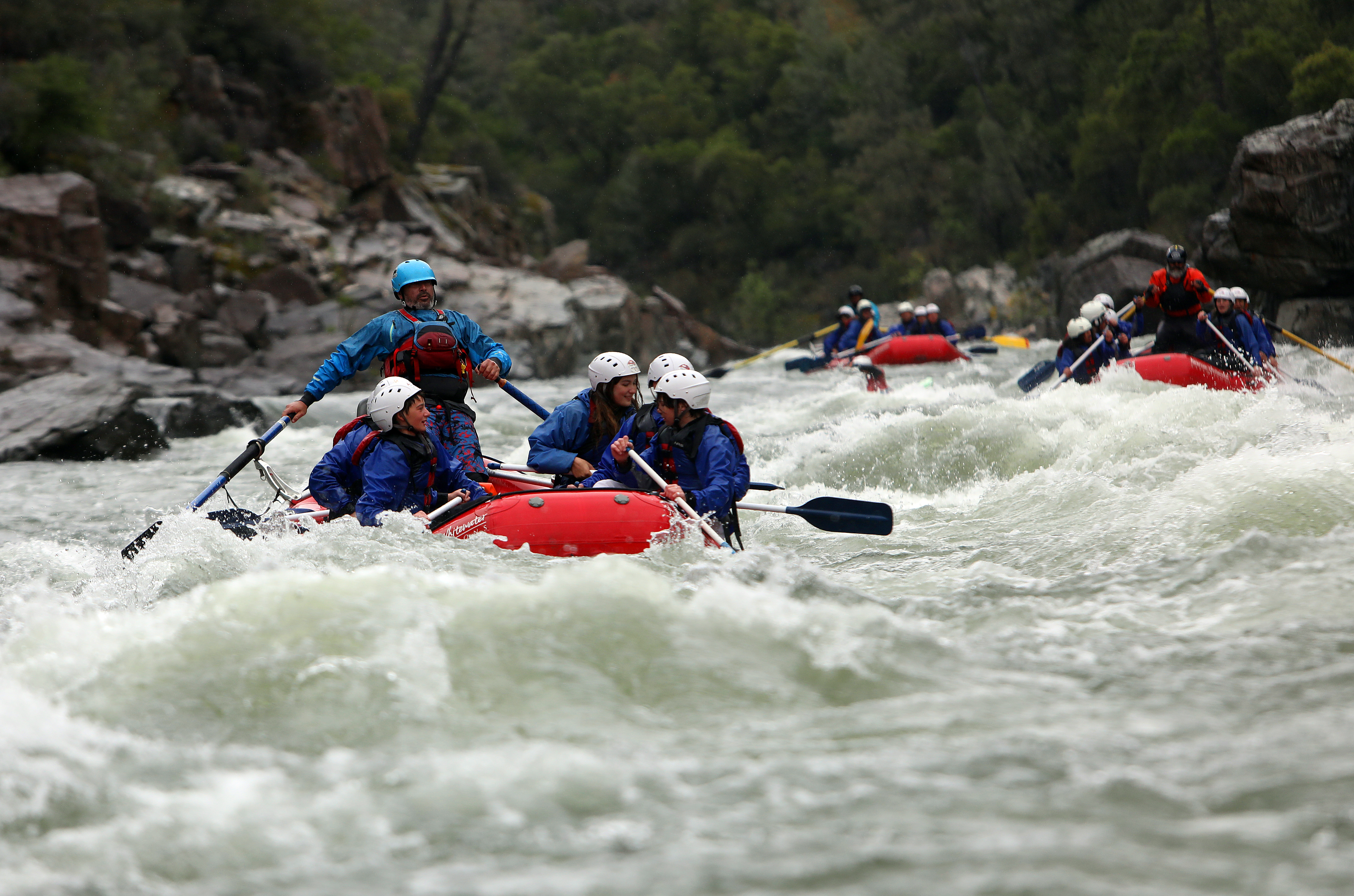 Eight grade students from Golden Valley Charter School raft down the South Fork of the American River on Thursday, May 4, 2023, near Coloma, Calif. (Aric Crabb/Bay Area News Group)