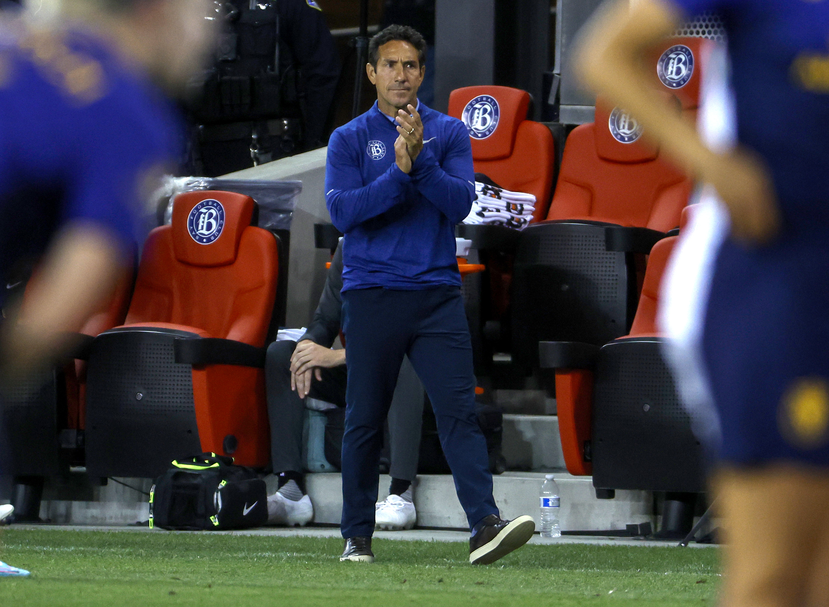 Bay FC head coach Albertin Montoya coaches from the sidelines against Utah Royals FC in the second half at PayPal Park in San Jose, Calif., on Sunday, June 16, 2024. (Nhat V. Meyer/Bay Area News Group)