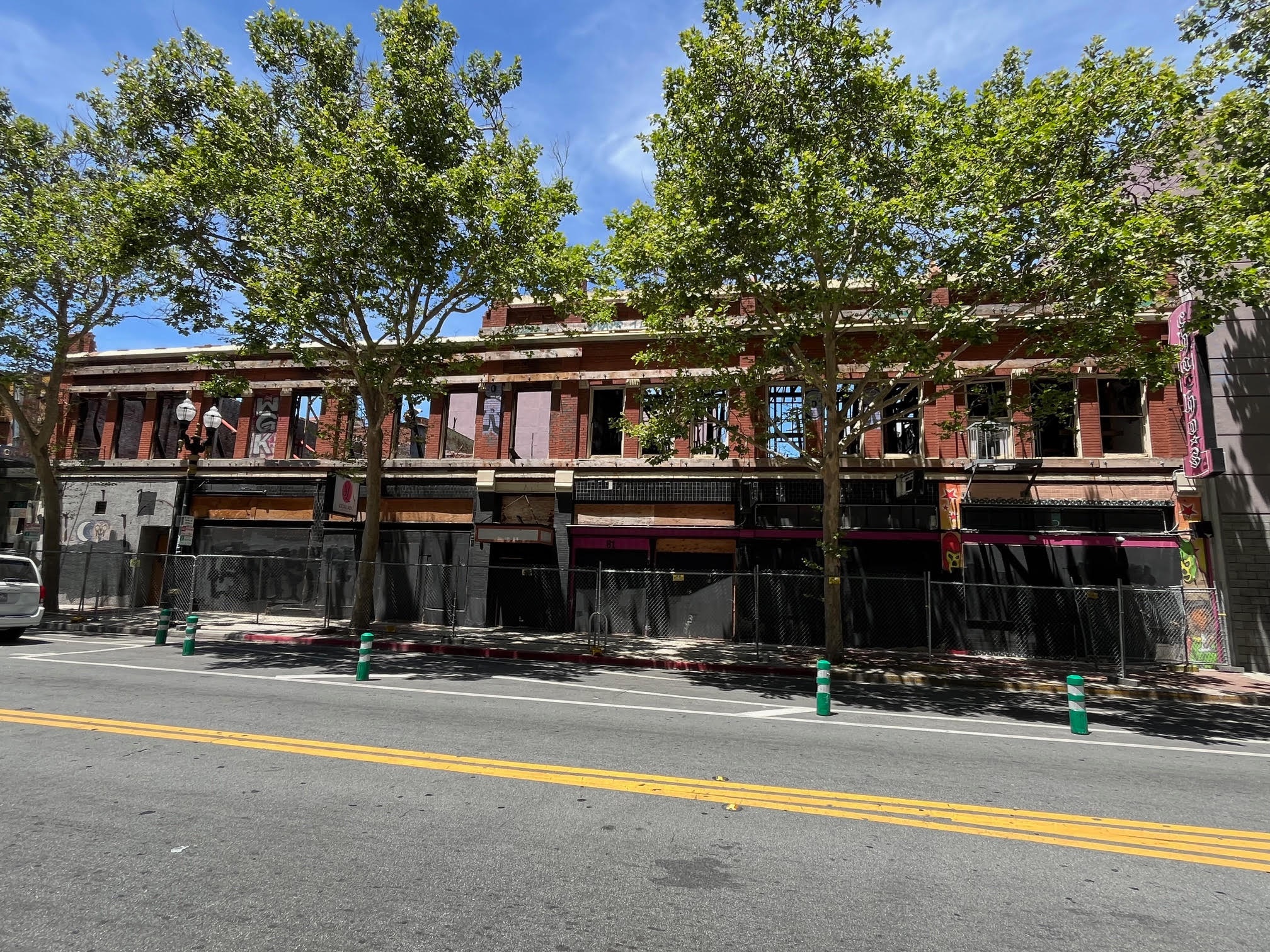 A burned-out building at 79-81 East San Fernando Street in downtown San Jose, the two-story site of the historic Lawrence Hotel, seen in June 2024.(George Avalos/Bay Area News Group)
