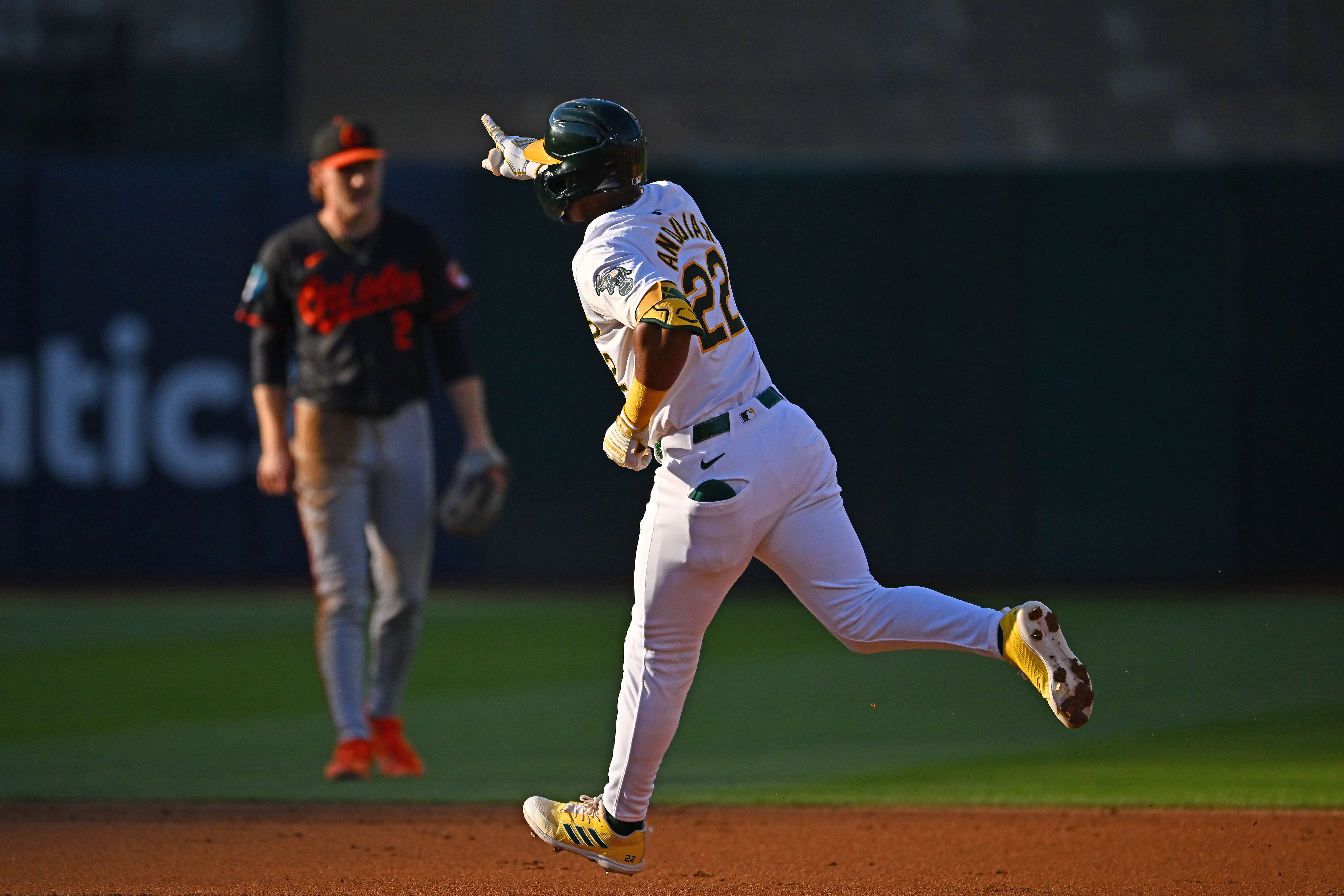 Oakland Athletics' Miguel Andújar (22) gestures after hitting a solo home run against the Baltimore Orioles during the first inning of their MLB game at the Coliseum in Oakland, Calif., on Friday, July 5, 2024. (Jose Carlos Fajardo/Bay Area News Group)