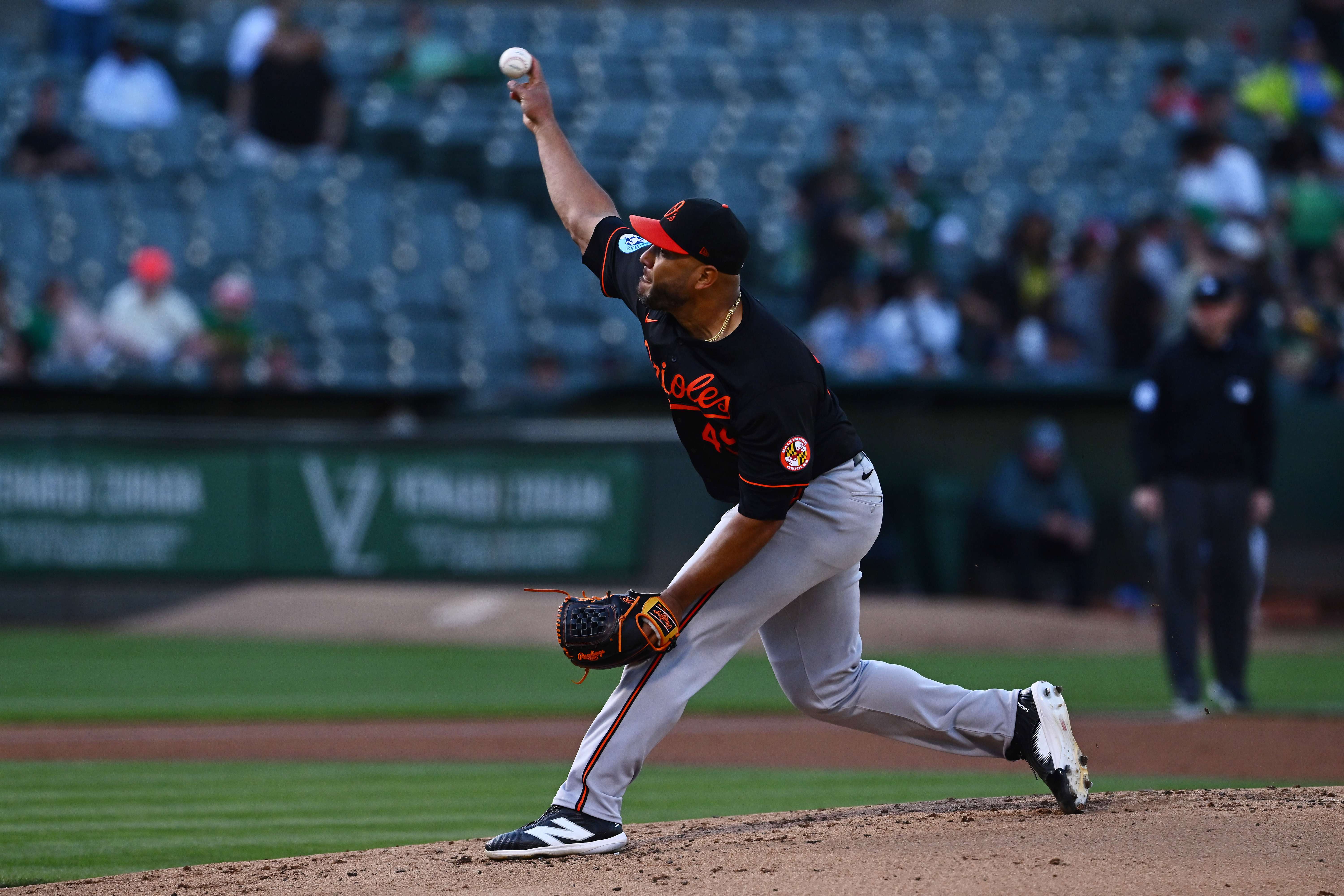 Baltimore Orioles pitcher Albert Suárez (49) pitches against the Oakland Athletics during the first inning of their MLB game at the Coliseum in Oakland, Calif., on Friday, July 5, 2024. (Jose Carlos Fajardo/Bay Area News Group)