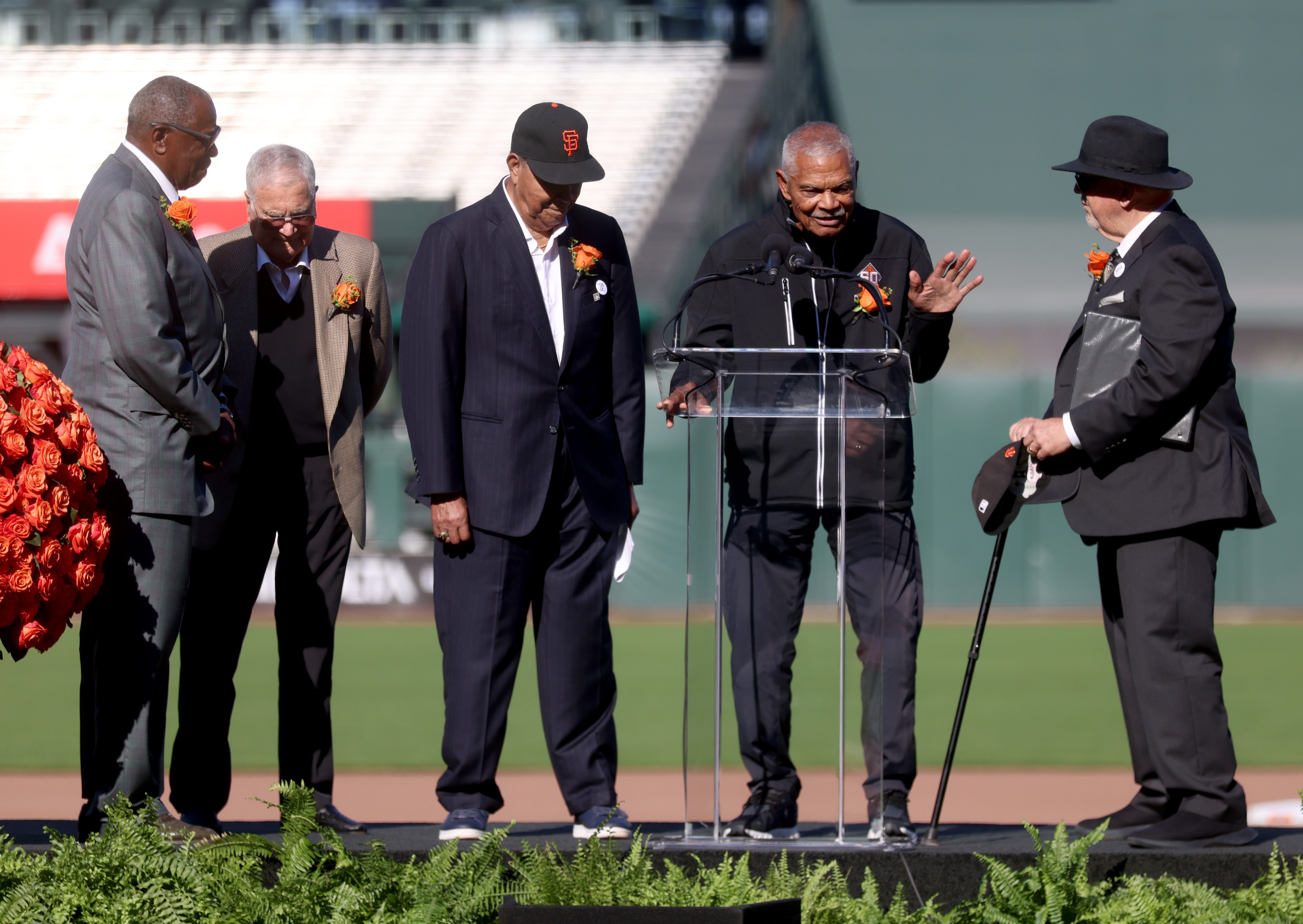 Former San Francisco Giant's Felipe Alou speaks during a public celebration of life for former San Francisco Giants player Willie Mays at Oracle Park in San Francisco, Calif., on Monday, July 8, 2024. To the left are former San Francisco Giant's Juan Marichal, Joe Amalfitano and Dusty Baker, and to the right is host and Hall of Fame broadcaster Jon Miller. (Jane Tyska/Bay Area News Group)