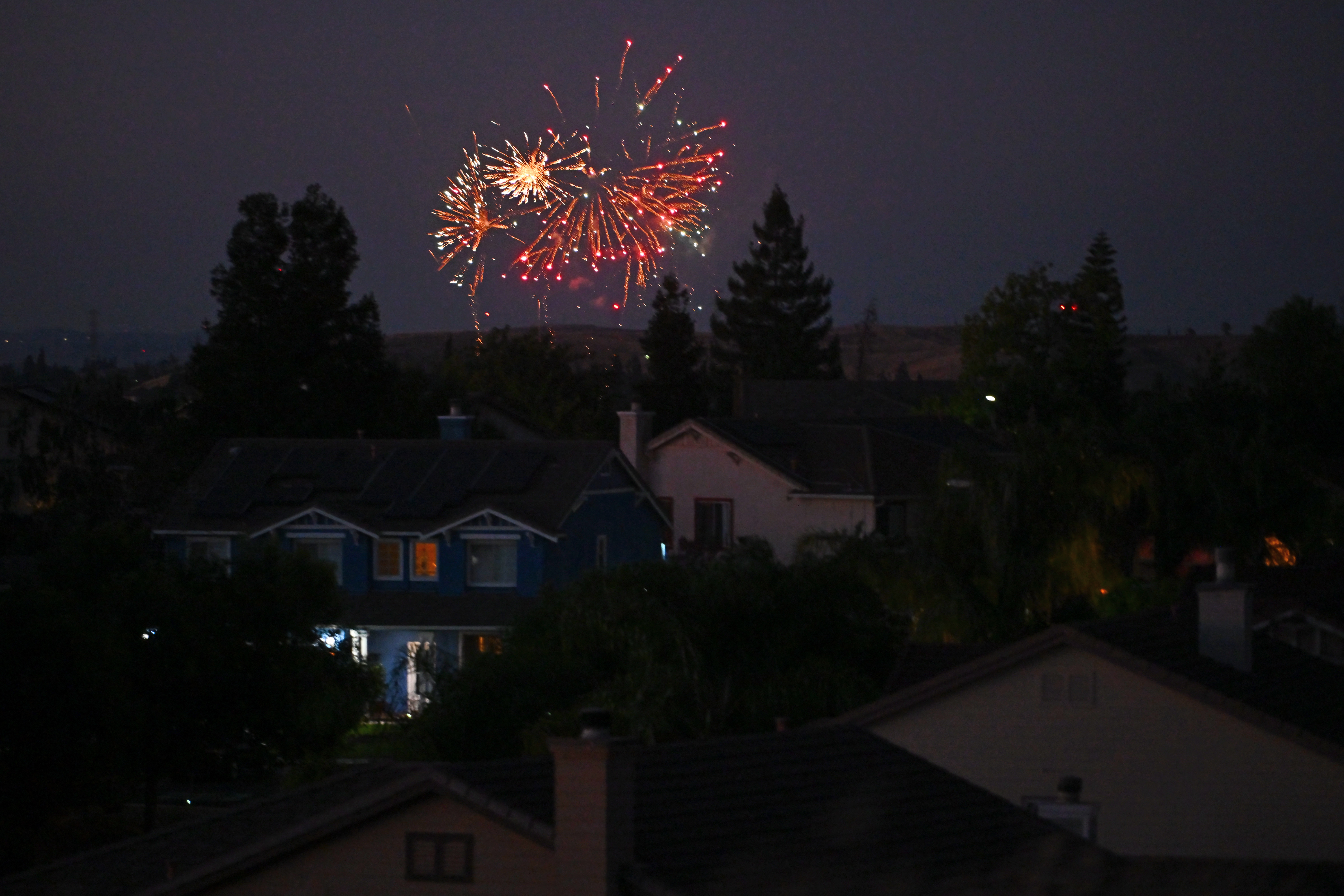 Illegal fireworks explode in the night sky during the Fourth of July celebrations in Antioch, Calif., on Thursday, July 4, 2024. (Jose Carlos Fajardo/Bay Area News Group)