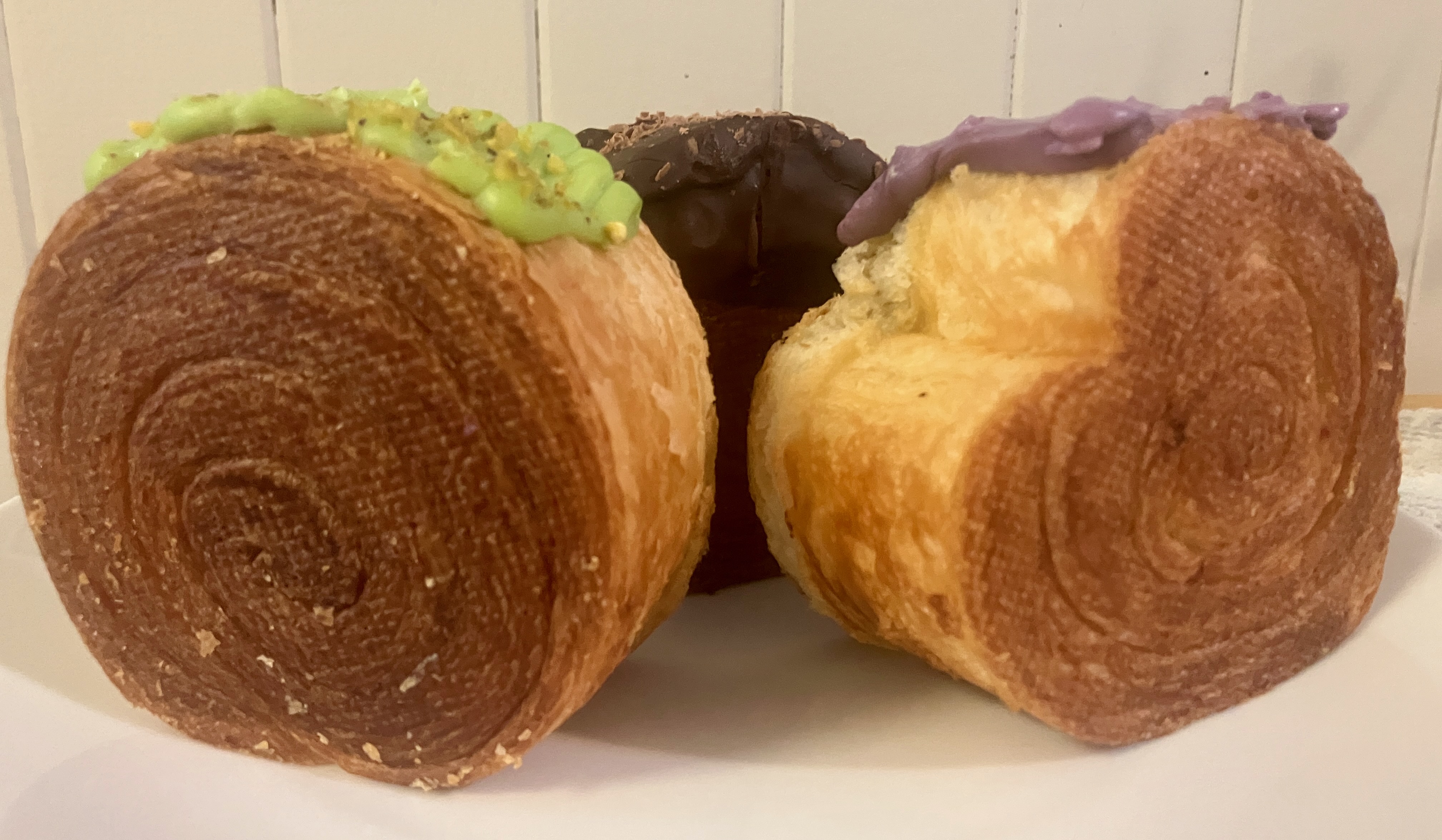 The "viral spiral" croissants at Marvel Cake, which has locations in Campbell and Palo Alto, are offered in pistachio, ube and chocolate flavors; flavors change regularly. (Kate Bradshaw/Bay Area News Group)