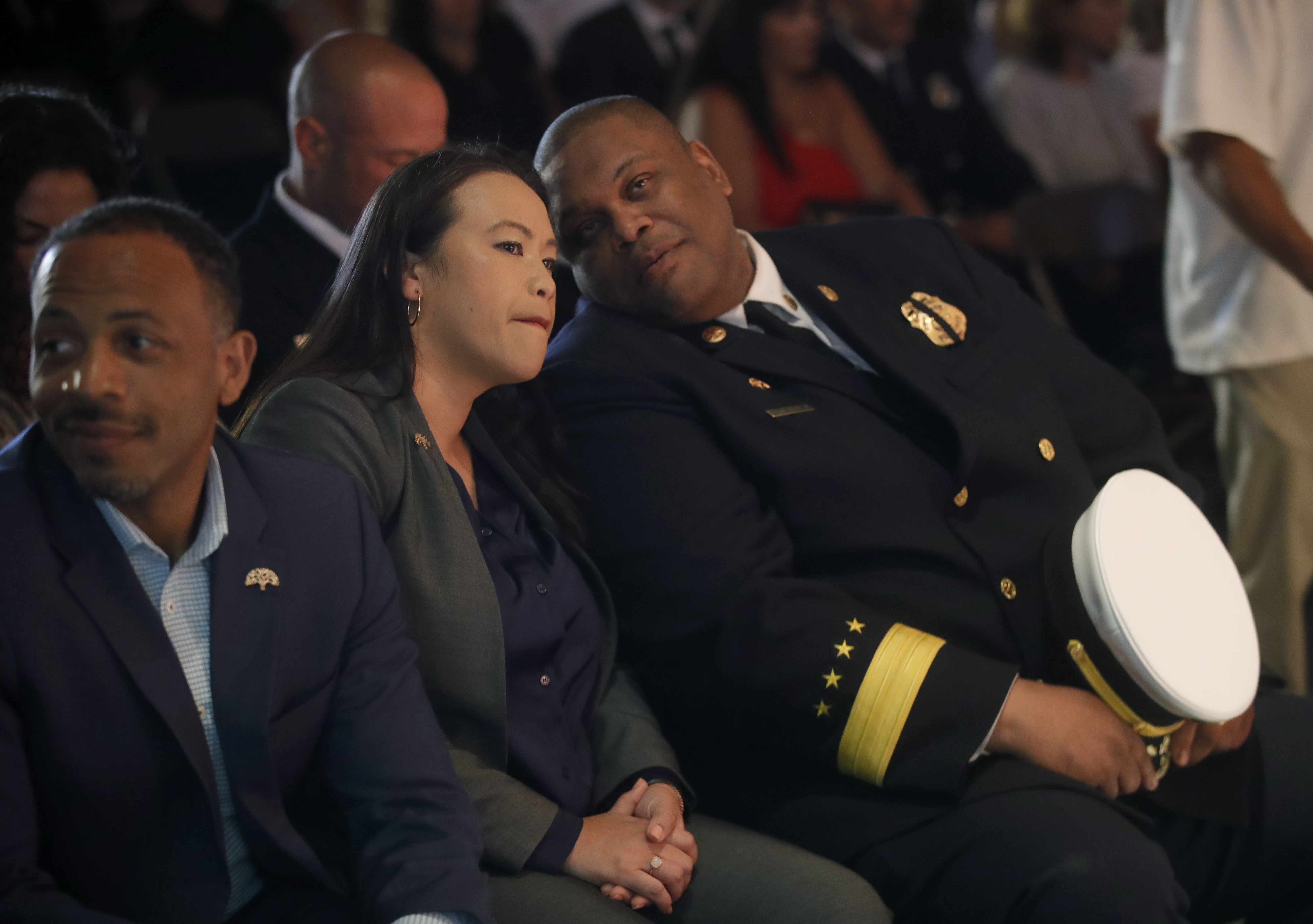 Oakland Mayor Sheng Thao talks with Oakland Fire Chief Damon Covington at the memorial service of Oakland firefighter Caeden Laffan aboard the USS Hornet in Alameda, Calif., on Tuesday, July 10, 2024. (Jane Tyska/Bay Area News Group)