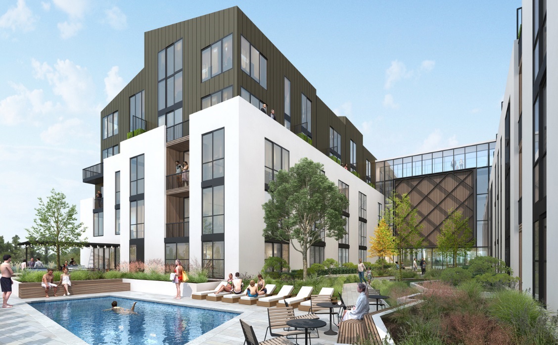 Pool and gathering areas of a 126-unit housing development that would include 26 affordable residences, located at 940 Willow Street in the Willow Glen district of San Jose, concept. (Studio Current)