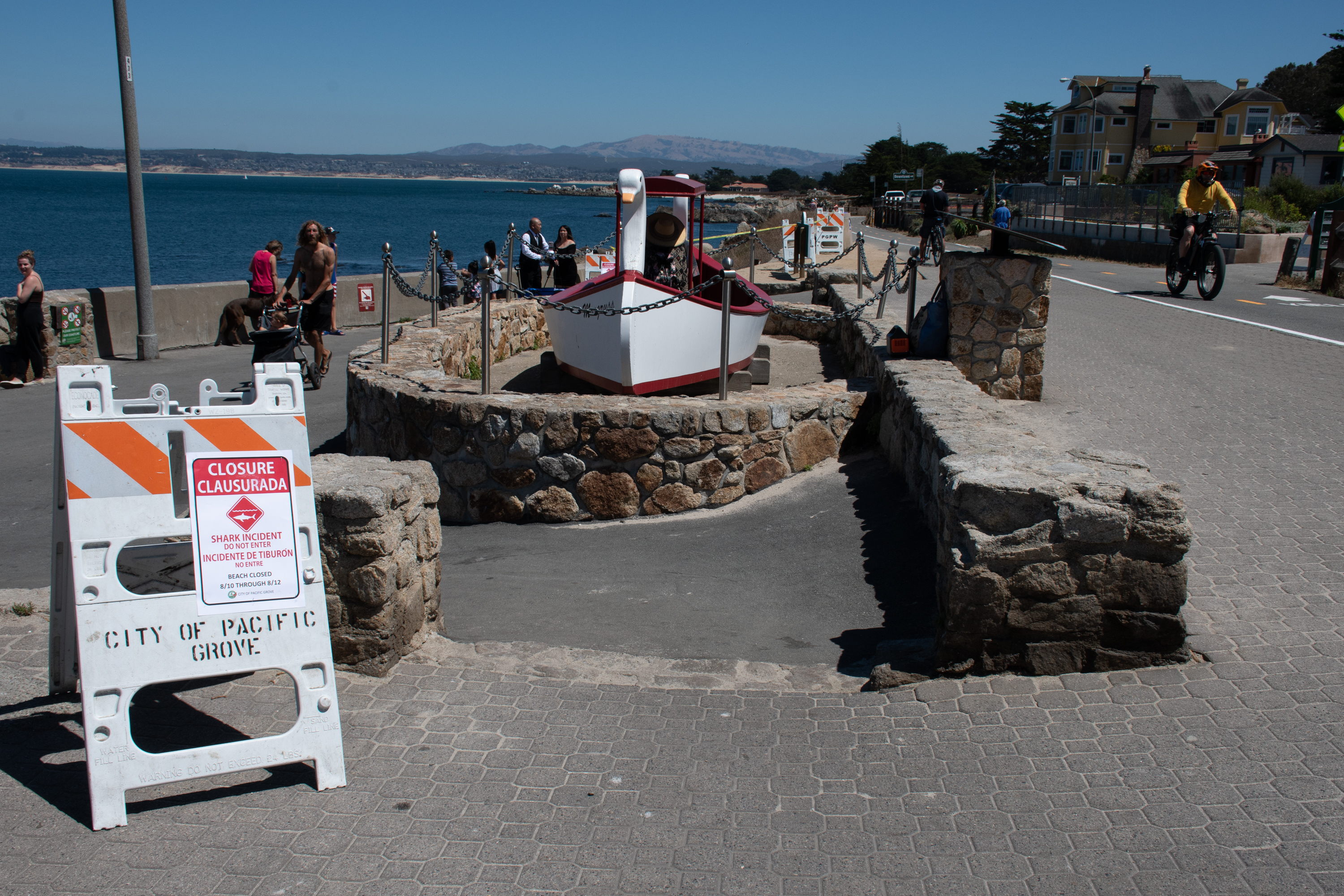 Lovers Point Beach was closed Wednesday afternoon after a Pacific Grove resident and his dog were thrown off a paddleboard during a shark encounter at about 11:30 a.m.(Molly Gibbs -- Monterey Herald)