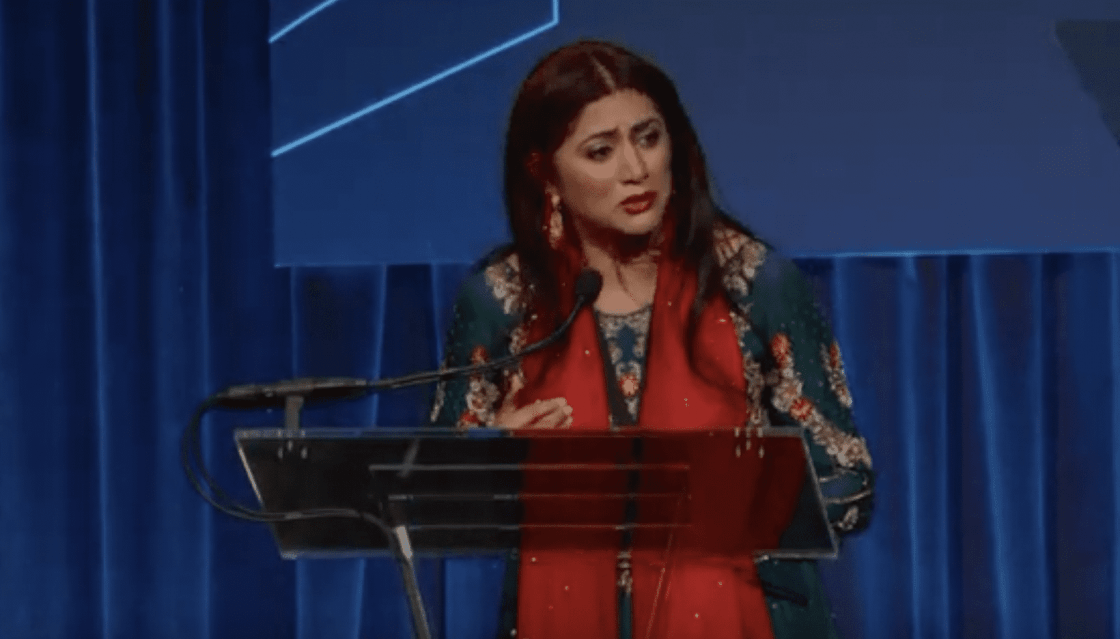 Sabaa Tahir accepts the 2022 National Book Award for Young People’s Literature for All My Rage