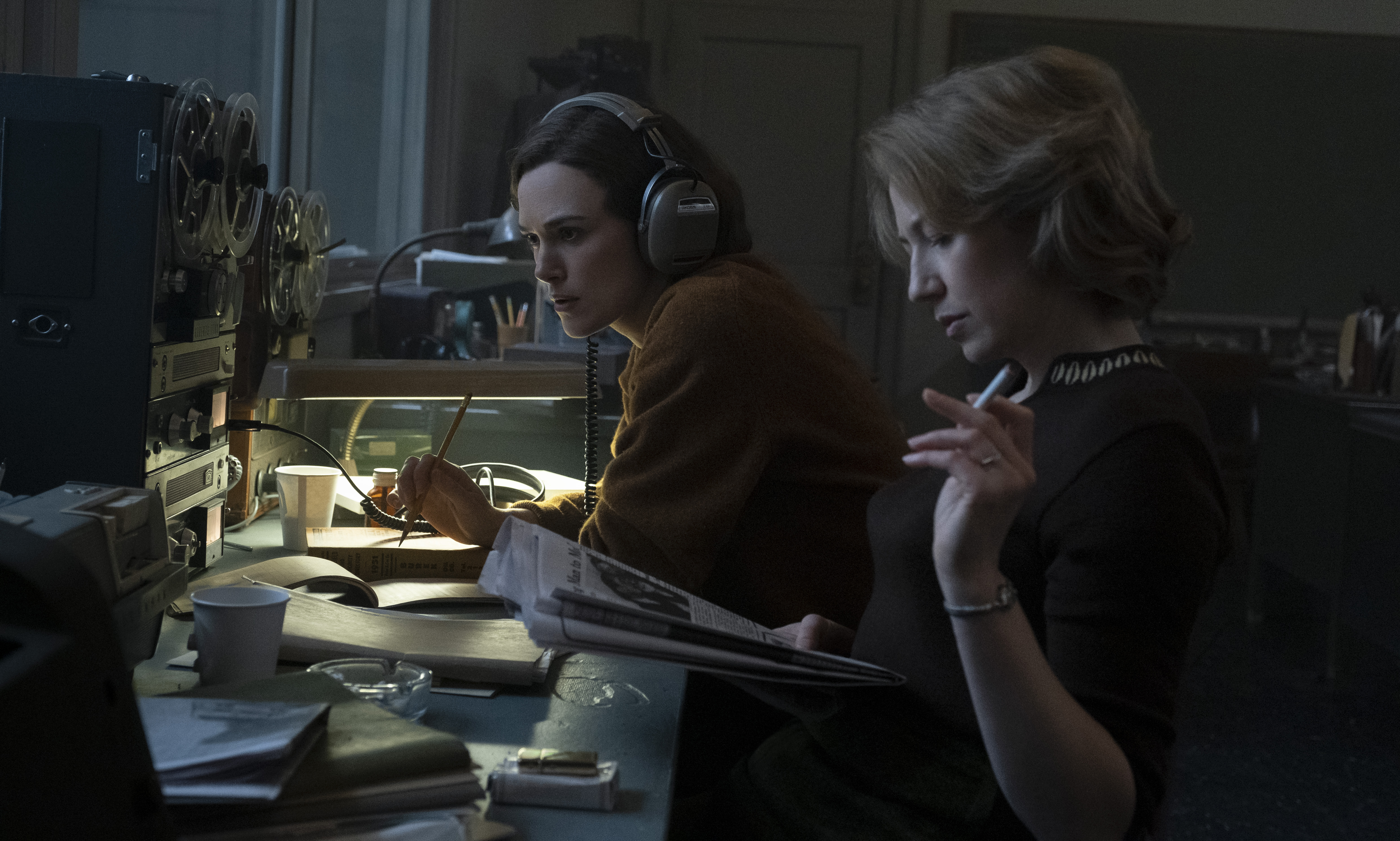 Reporters Loretta McLaughlin (Keira Knightley, left) and Jean Cole (Carrie Coon) cover investigate the a series of 1960s murders in "Boston Strangler." (Courtesy of 20th Century Studios)