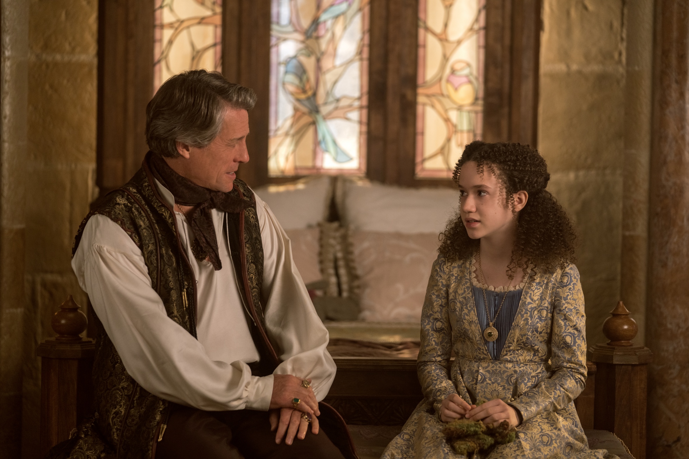 Hugh Grant, as Forge, and Chloe Coleman, as Kira, appear in a scene from "Dungeons & Dragons: Honor Among Thieves." (Courtesy of Paramount Pictures and eOne)