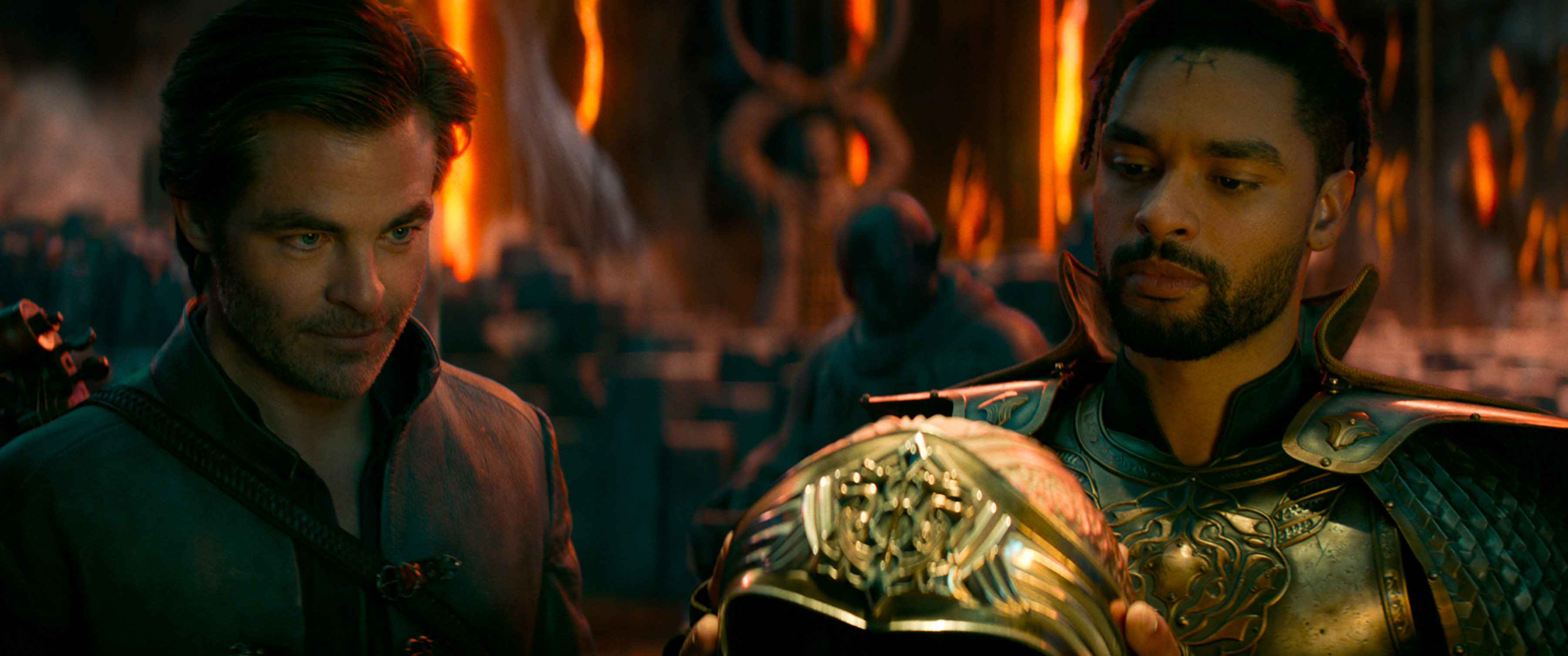 Chris Pine's Edgin, left, doesn't cherish spending time with Regé-Jean Page's noble Xenk in "Dungeons & Dragons: Honor Among Thieves." (Courtesy of Paramount Pictures and eOne)