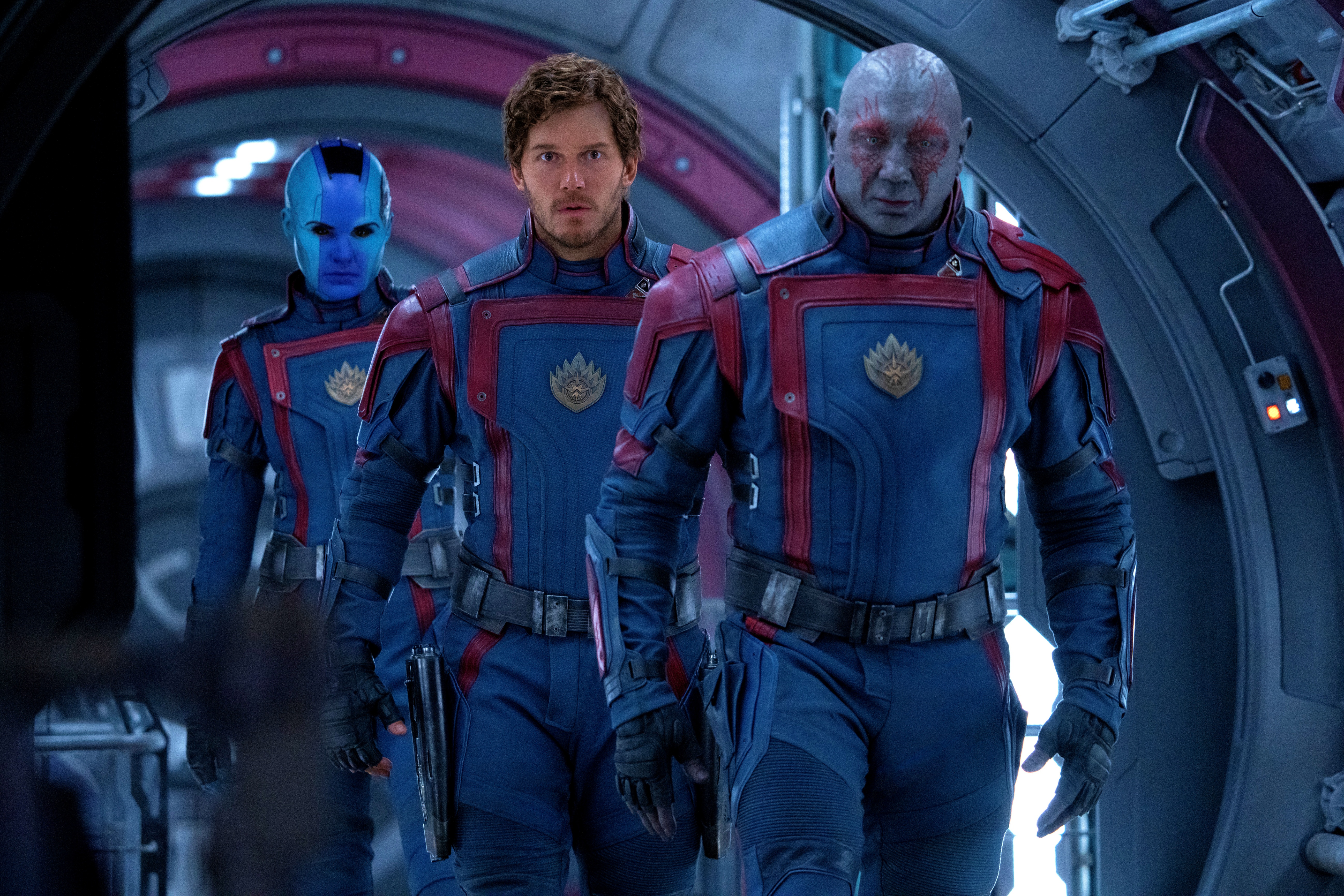 Karen Gillan, center, Chris Pratt and Dave Bautista appear in a scene from "Guardians of the Galaxy Vol. 3," which kicks off the summer movie season in a few days. (Courtesy of Marvel Studios)
