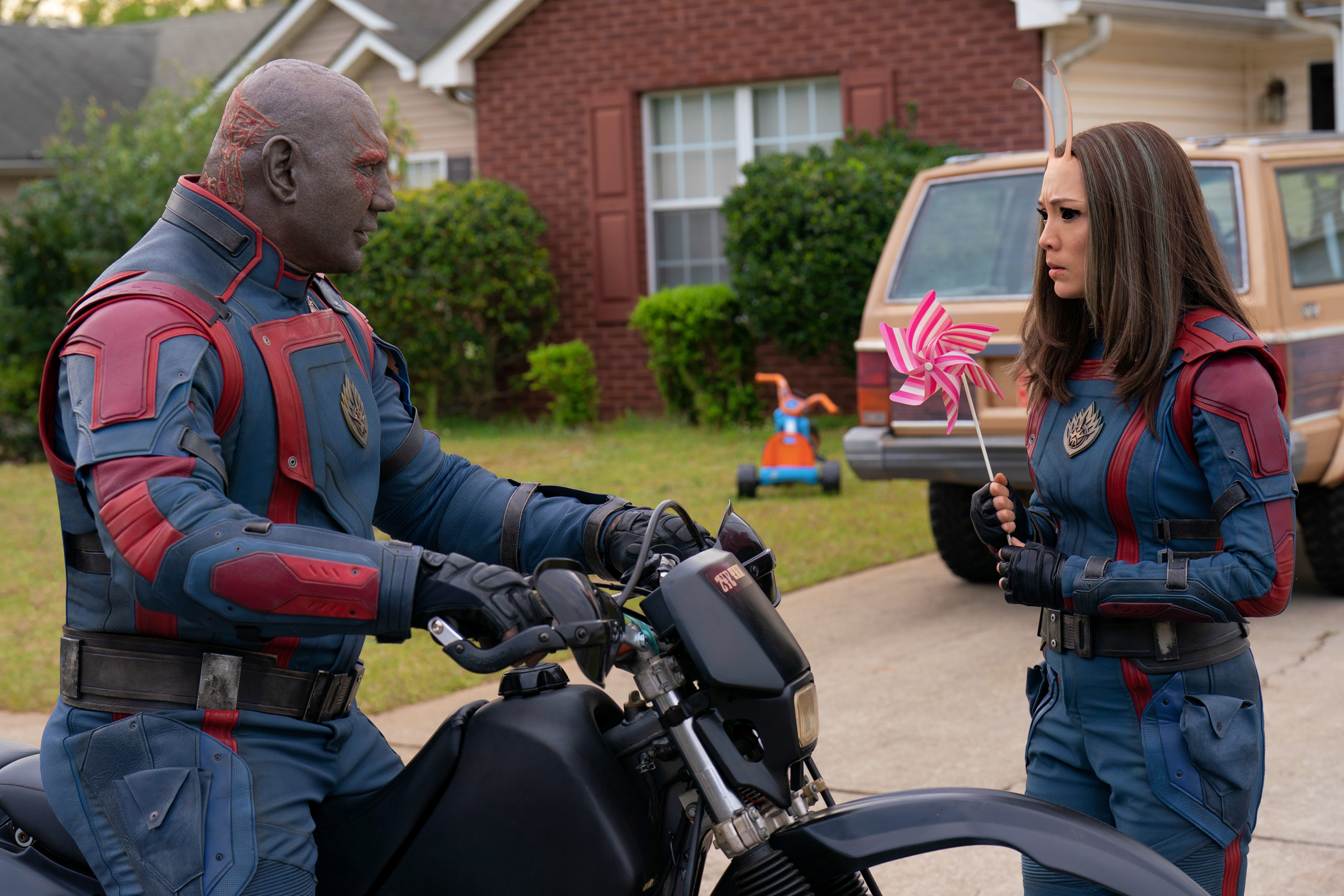Dave Bautista, as Drax, and Pom Klementieff, as Mantis, appear in one of their many scenes together in "Guardians of the Galaxy Vol. 3." (Courtesy of Marvel Studios)