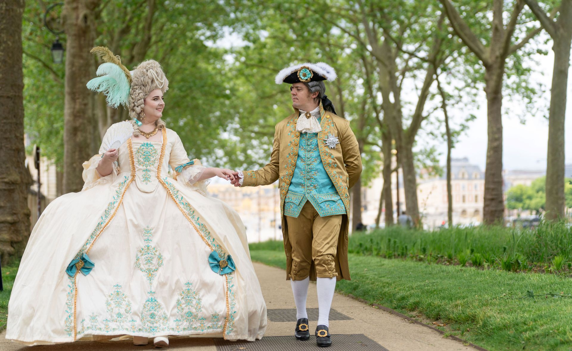 Amber Lyster The Princess of Perth wears regency era gown with her partner Chris