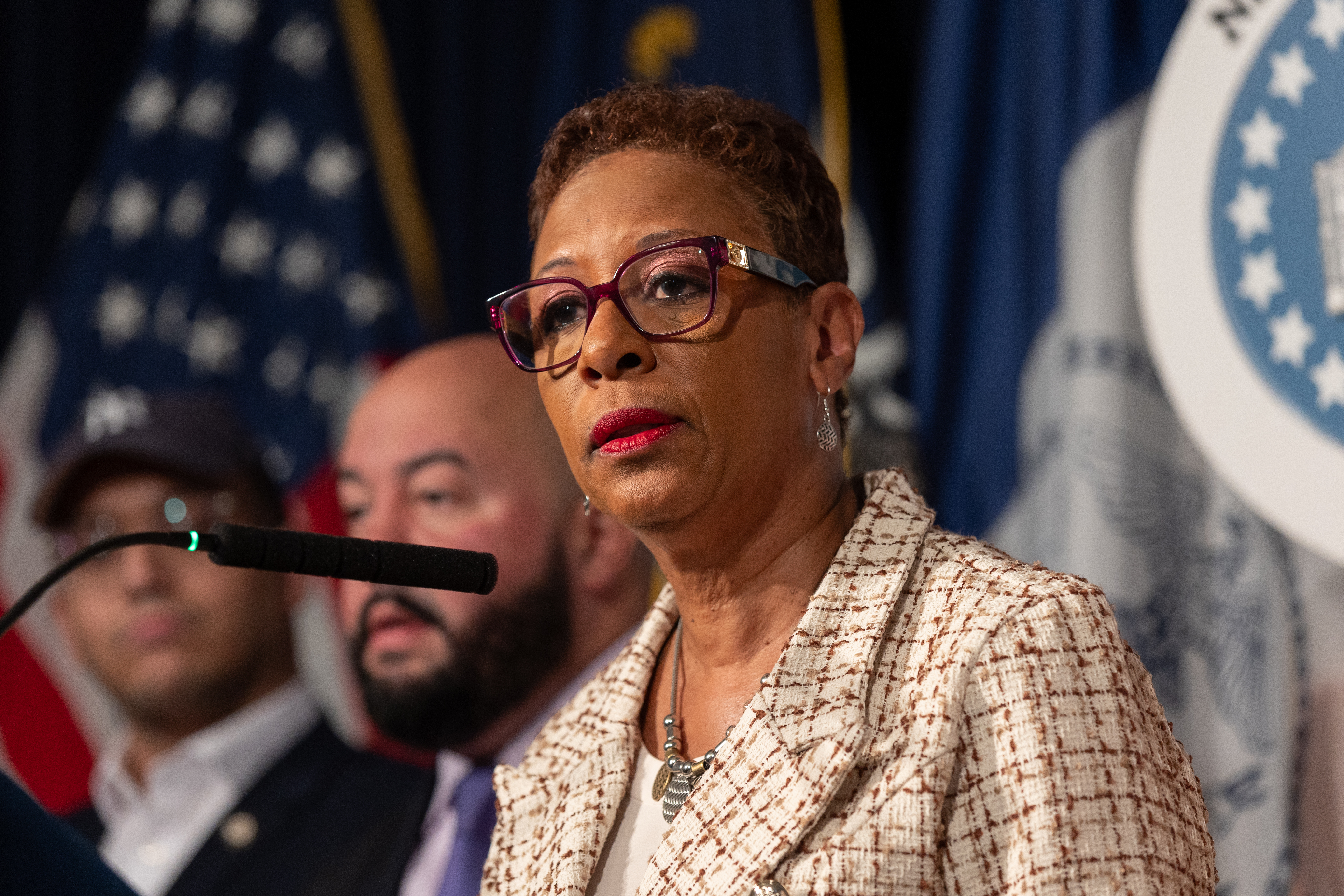 New York City Council Speaker Adrienne Adams speaks during a press conference before a New York City Council meeting at City Hall in Manhattan on Dec. 20, 2023. (Shawn Inglima for New York Daily News)