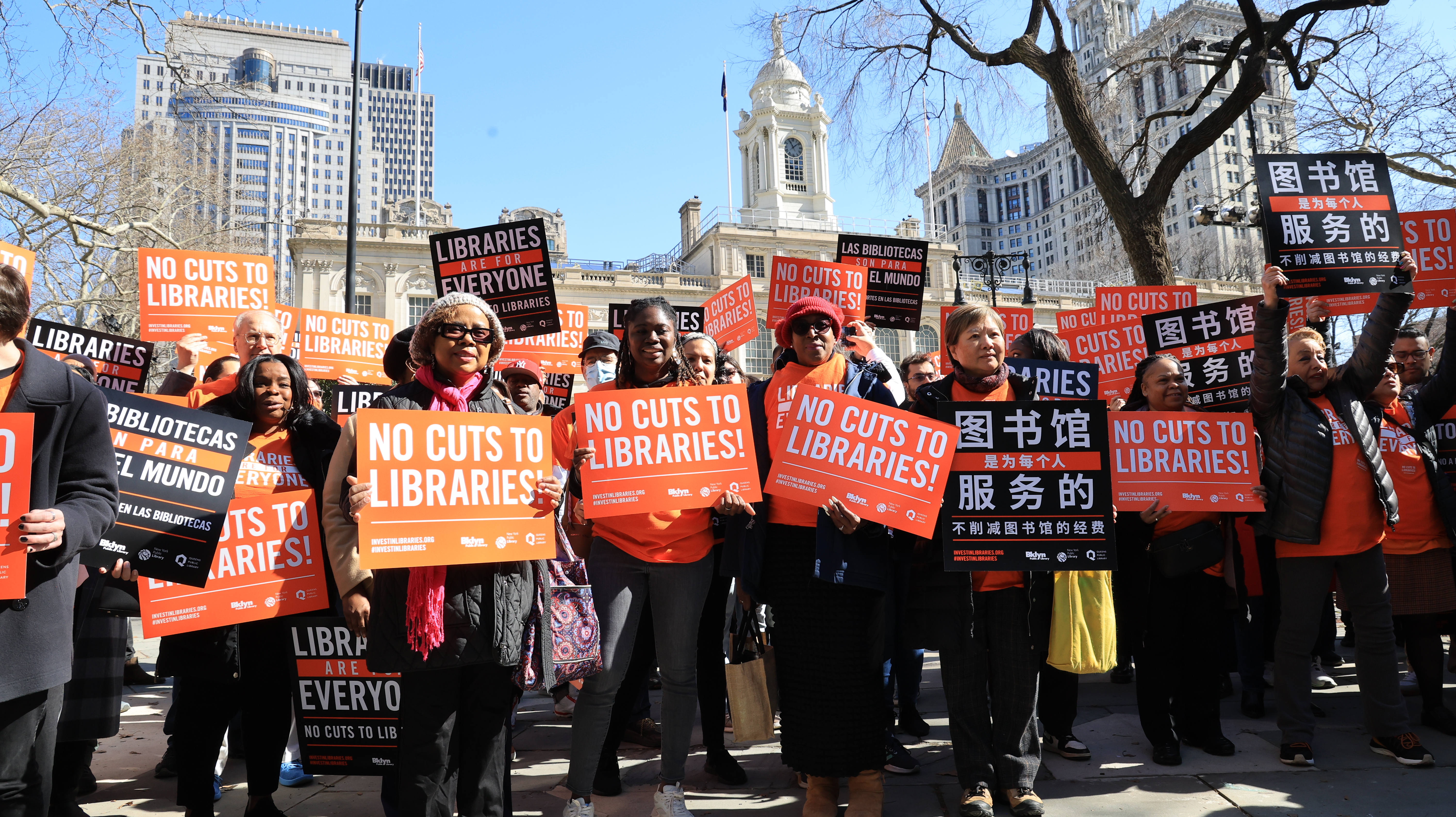 New York City Librarians and supporters rally on City Hall Park early Tuesday March 12, 2024. The Presidents of New York City's three public library systems attended the rally and called for reversal of the $58.3M in proposed budget cuts by Mayor Adams. (Luiz C. Ribeiro for NY Daily News)