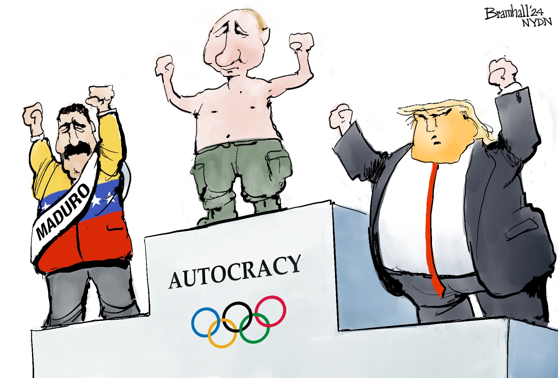 Bill Bramhall's editorial cartoon for July 30, 2024. Standing on the Autocracy Olympics podium, from left to right, Nicolás Maduro, Vladimir Putin on top center, and Donald Trump.