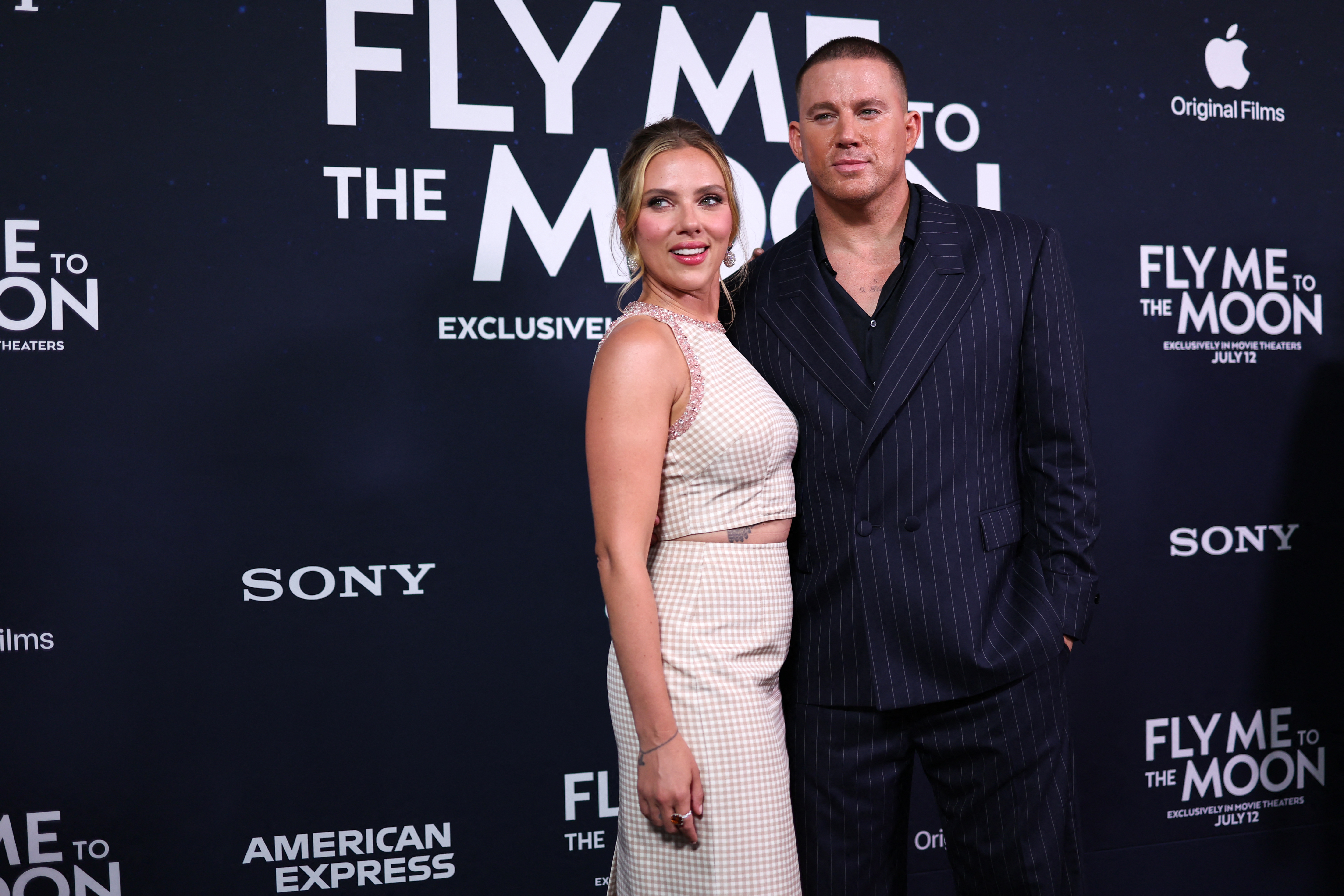 US actress Scarlett Johansson (L) and US actor Channing Tatum attend the world premiere of Apple Original Films' "Fly Me to the Moon" at AMC Lincoln Square in New York on July 8, 2024. (Photo by Charly TRIBALLEAU / AFP) (Photo by CHARLY TRIBALLEAU/AFP via Getty Images)