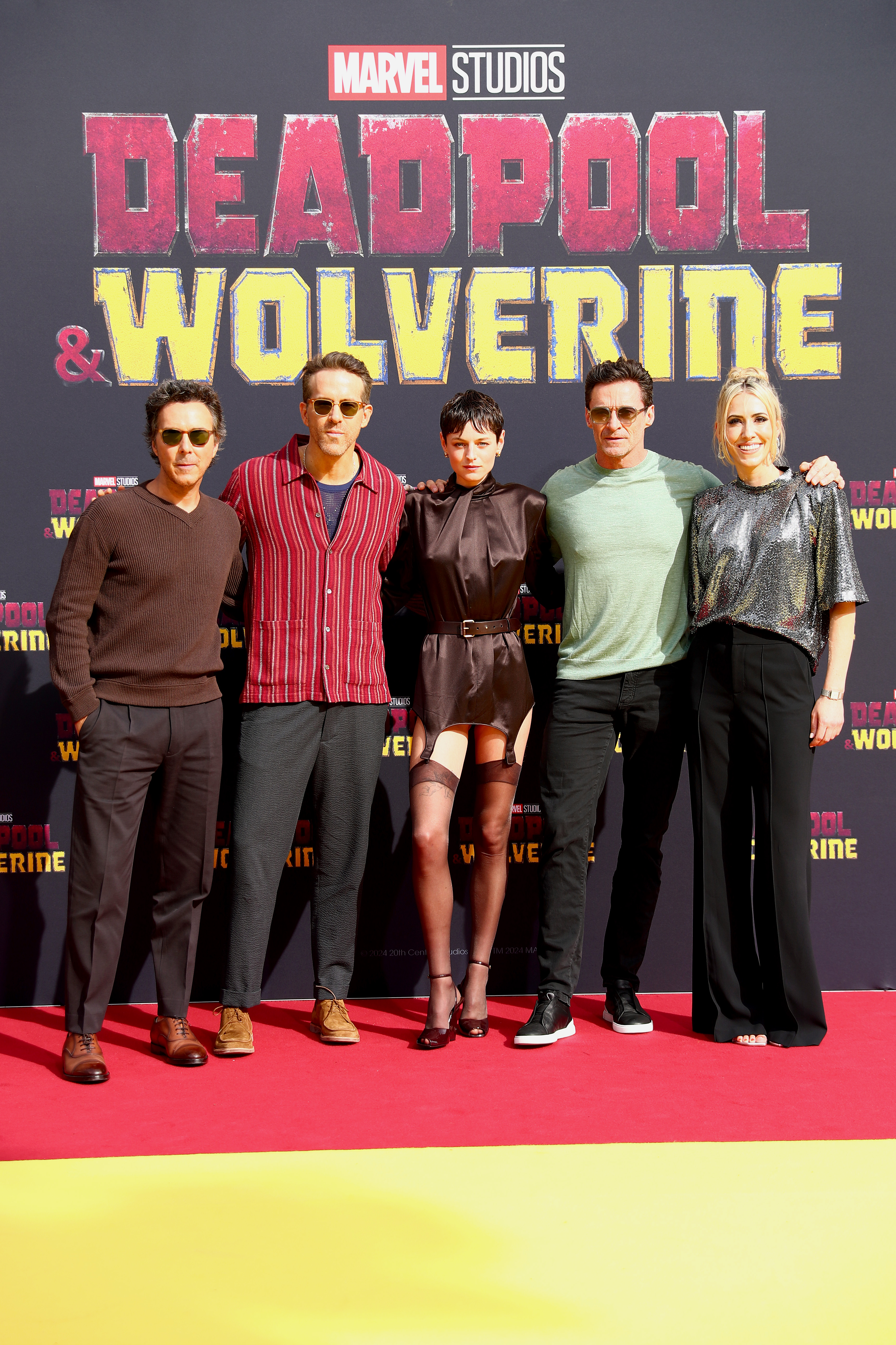 BERLIN, GERMANY - JULY 07: Shawn Levy, Ryan Reynolds, Emma Corrin, Hugh Jackman and Wendy Jacobson attend the "Deadpool & Wolverine" Fan Event at Uber Arena on July 07, 2024 in Berlin, Germany. (Photo by Sebastian Reuter/Getty Images)