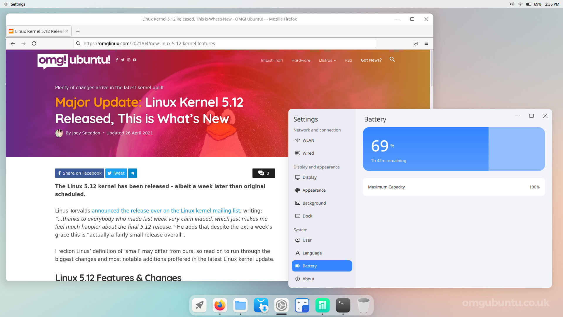 CuteFish desktop showing firefox and battery