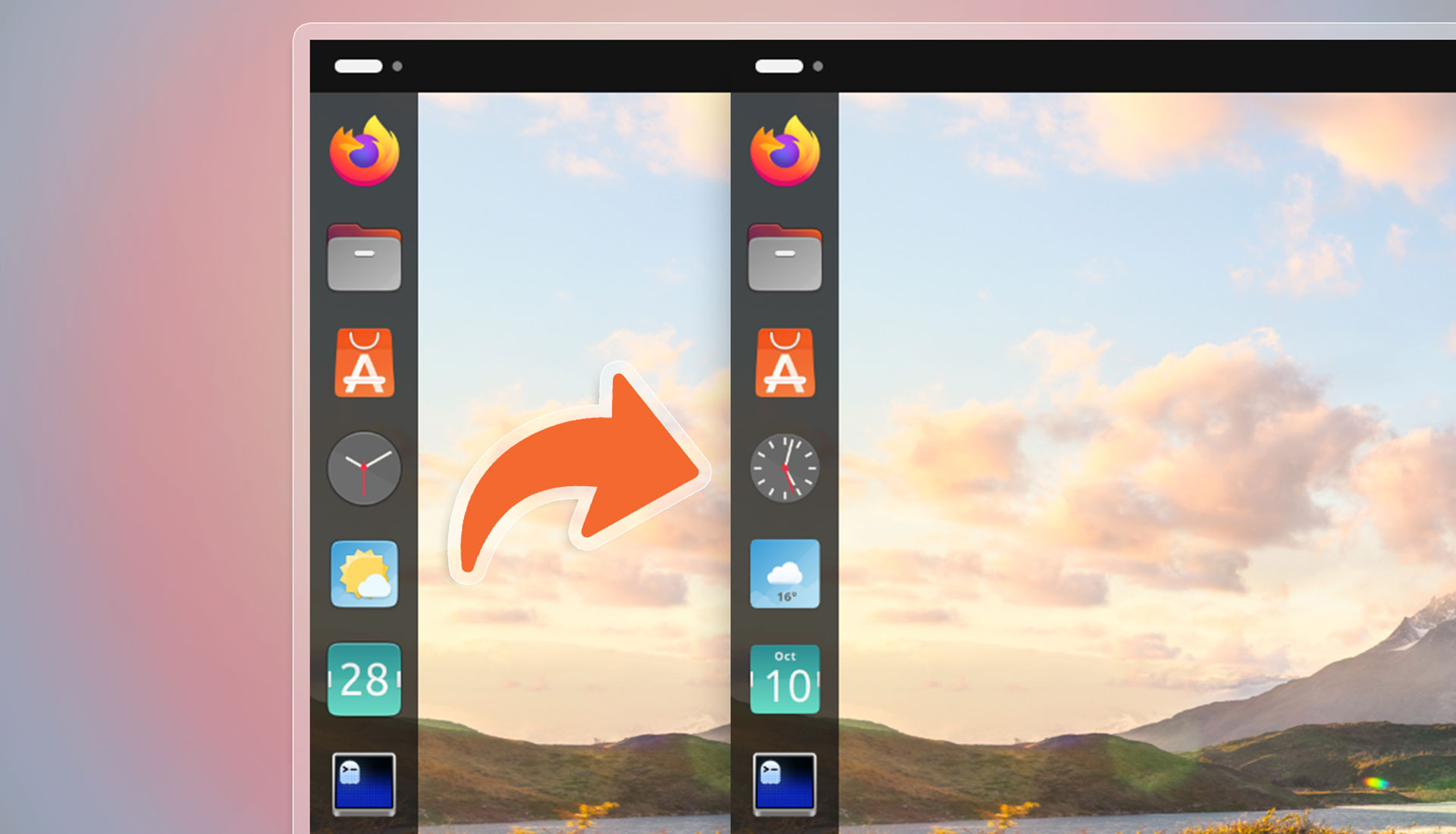 Ubuntu dock showing static icons versus dynamic icons displaying live time and date.