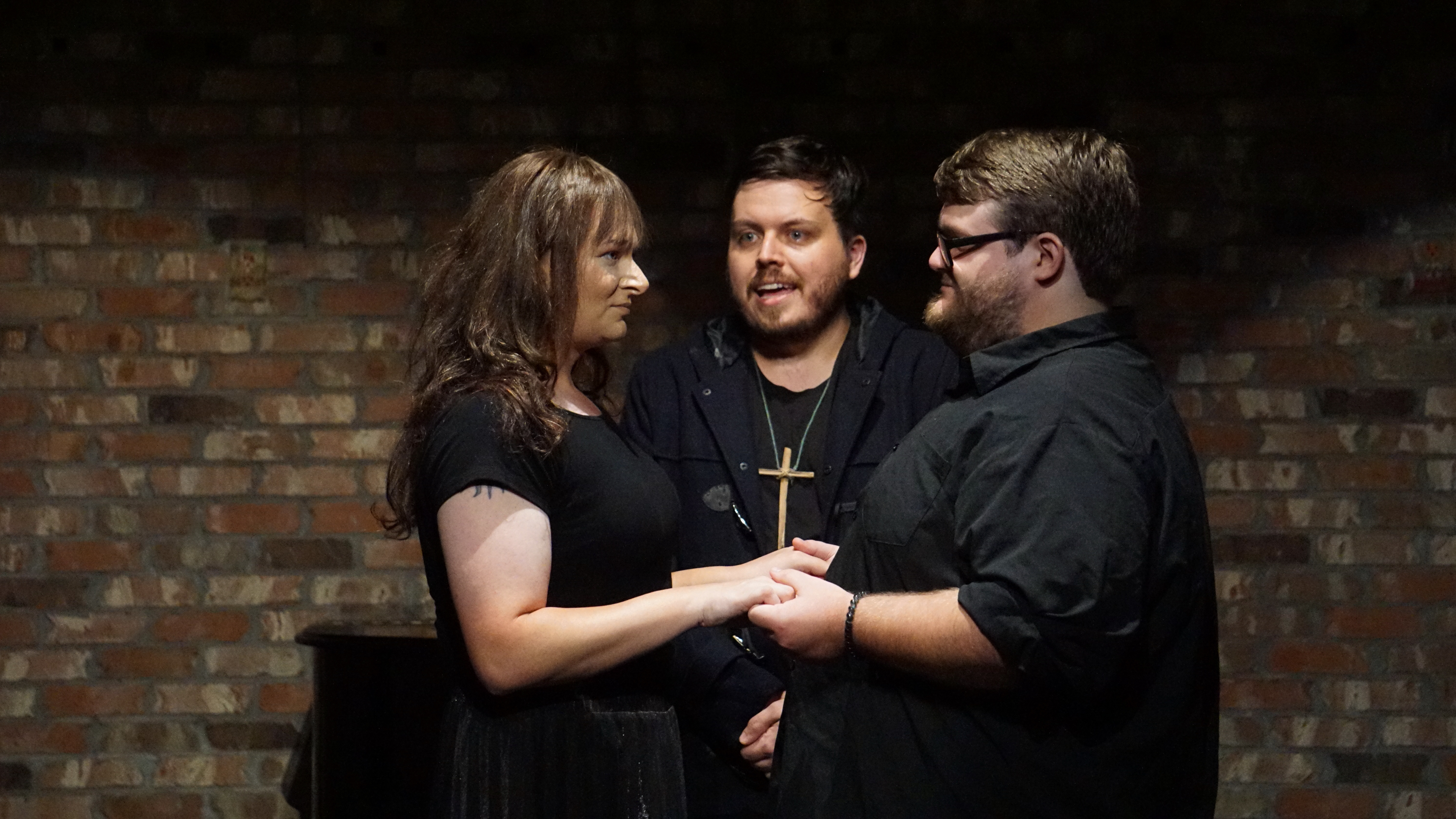 Roger the priest (Vincent Powell, center) prepares to unite Ymma (Billie Jane) and the king (Bennett Morgan) in the Lightup Shoebox production of "Silence." (Courtesy Alan Levi, Lightup Shoebox)
