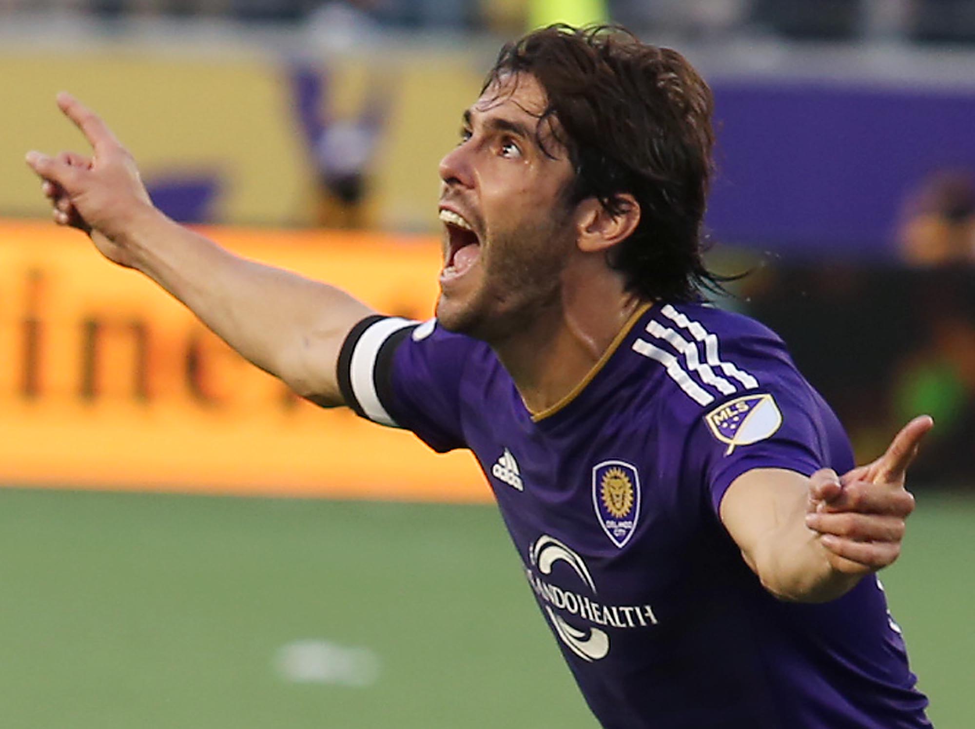 Orlando player Kaka celebrates after scoring a game-tying goal during the New York City Soccer Club at Orlando City Soccer Club MLS match at the Orlando Citrus Bowl on Sunday, March 8, 2015. The game ended in a 1-1 tie. (Stephen M. Dowell/Orlando Sentinel)