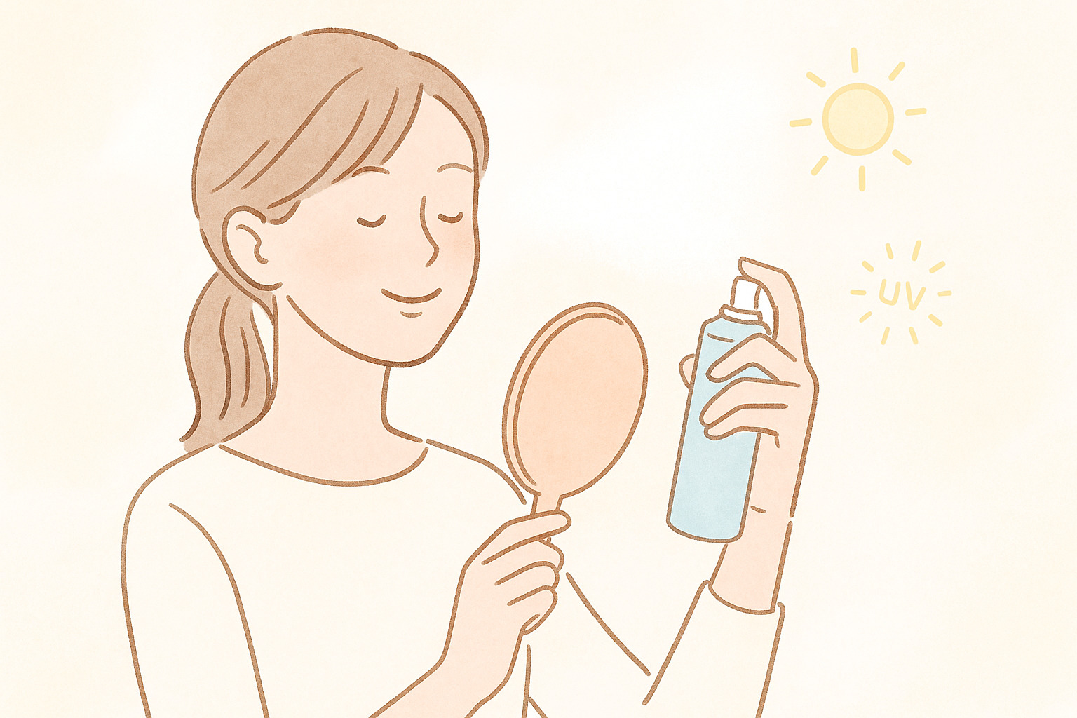 顔用日焼け止めスプレーを顔に吹きかける女性のイラスト|紫外線対策に便利なUVケアアイテム紹介