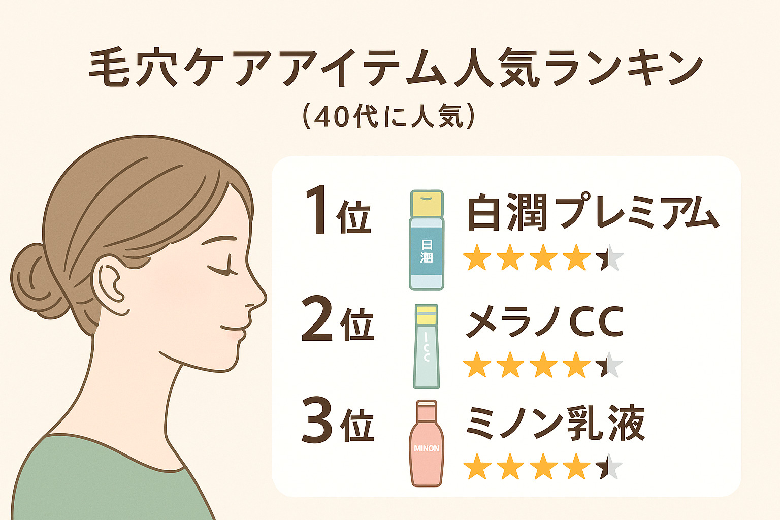 40代女性に人気の毛穴ケアアイテムランキング(白潤・メラノCC・ミノン)
