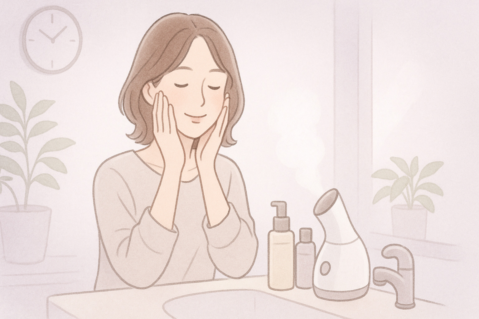 40代女性が洗面台で毛穴ケアの朝ルーティンをしている様子