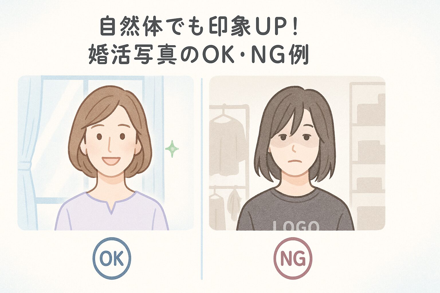 自然体で好印象な婚活プロフィール写真と、NGな例を比較した図解イラスト