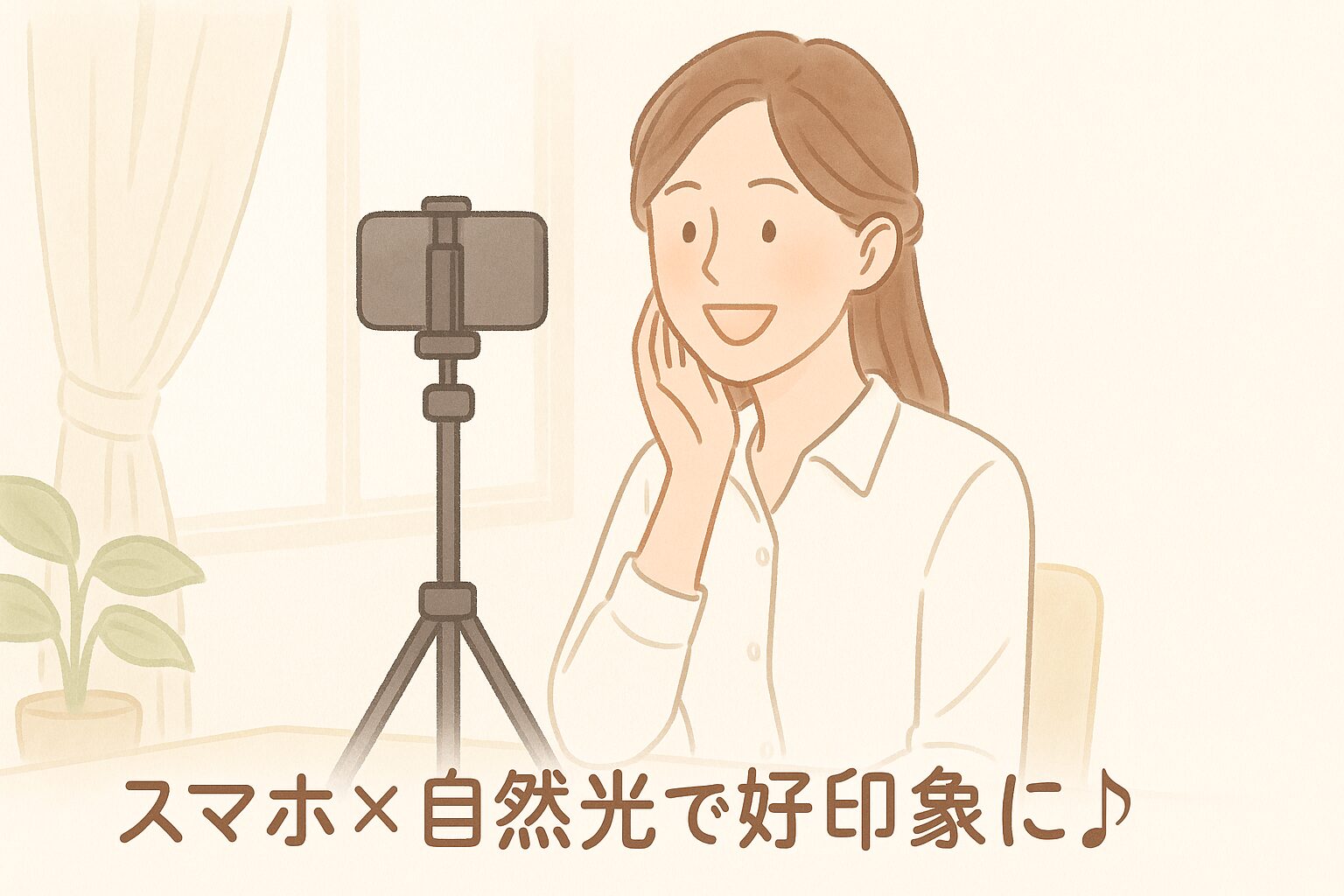 自然光の入る室内で、三脚にスマホを固定して自撮りする40代女性のイメージ