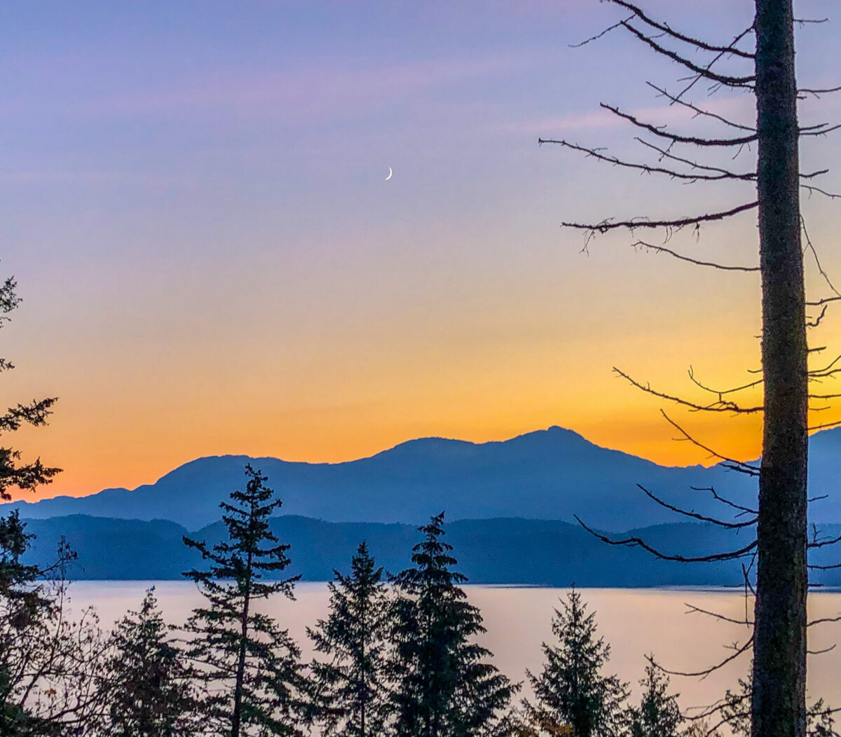 sunset view of Harrison Lake with mountains