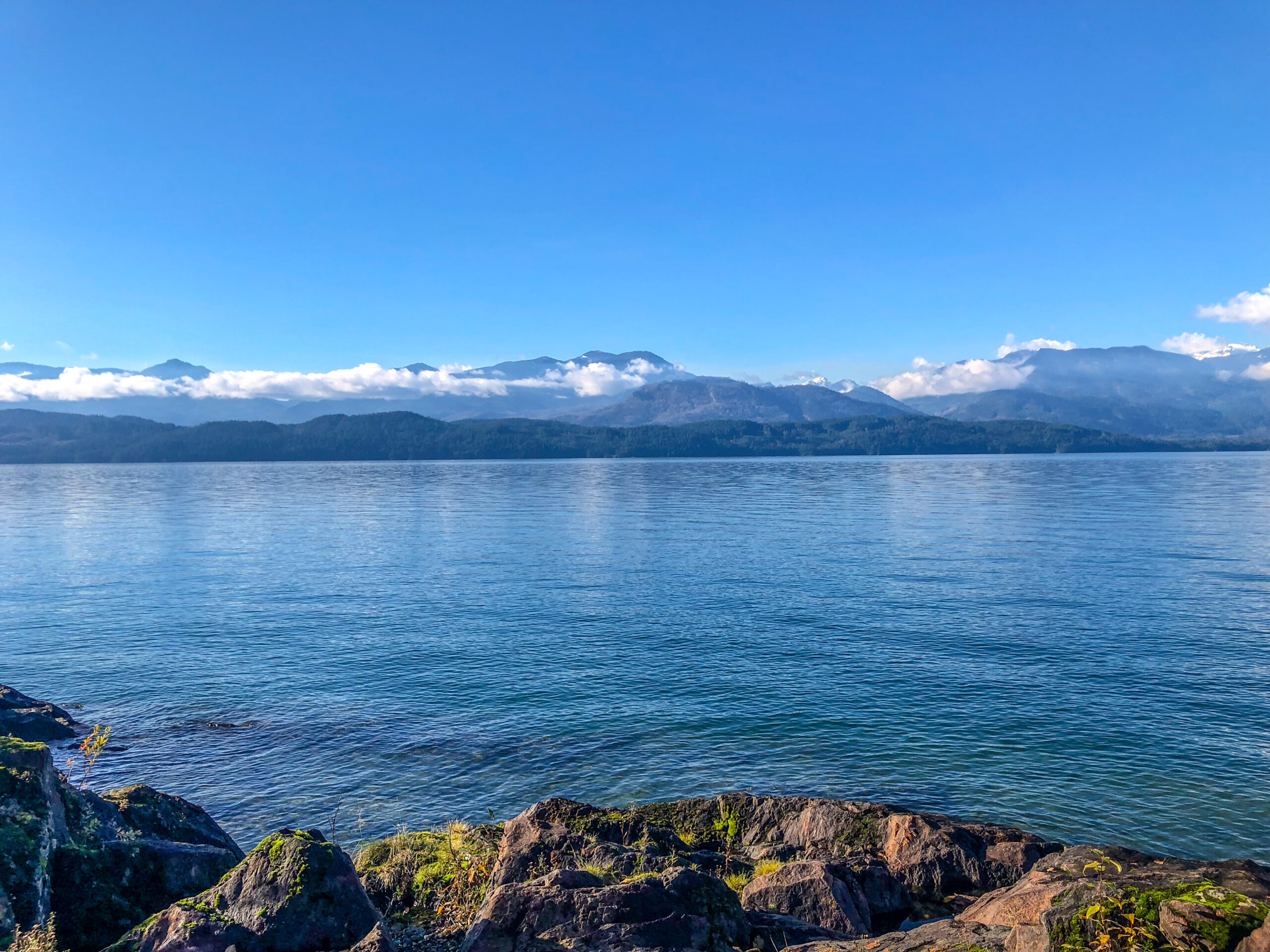 scenic photo of Harrison Lake with mountains