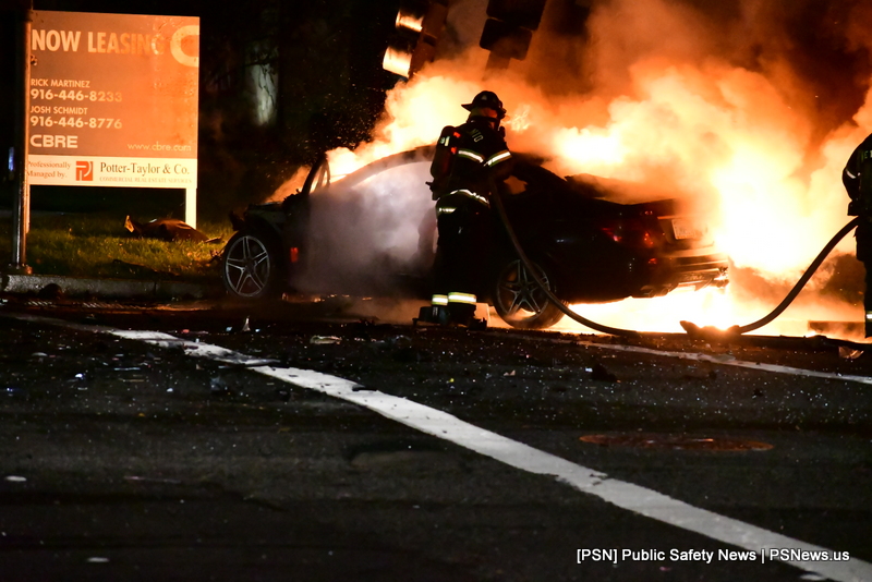 Two Cars Crash, One Bursting Into Flames Overnight