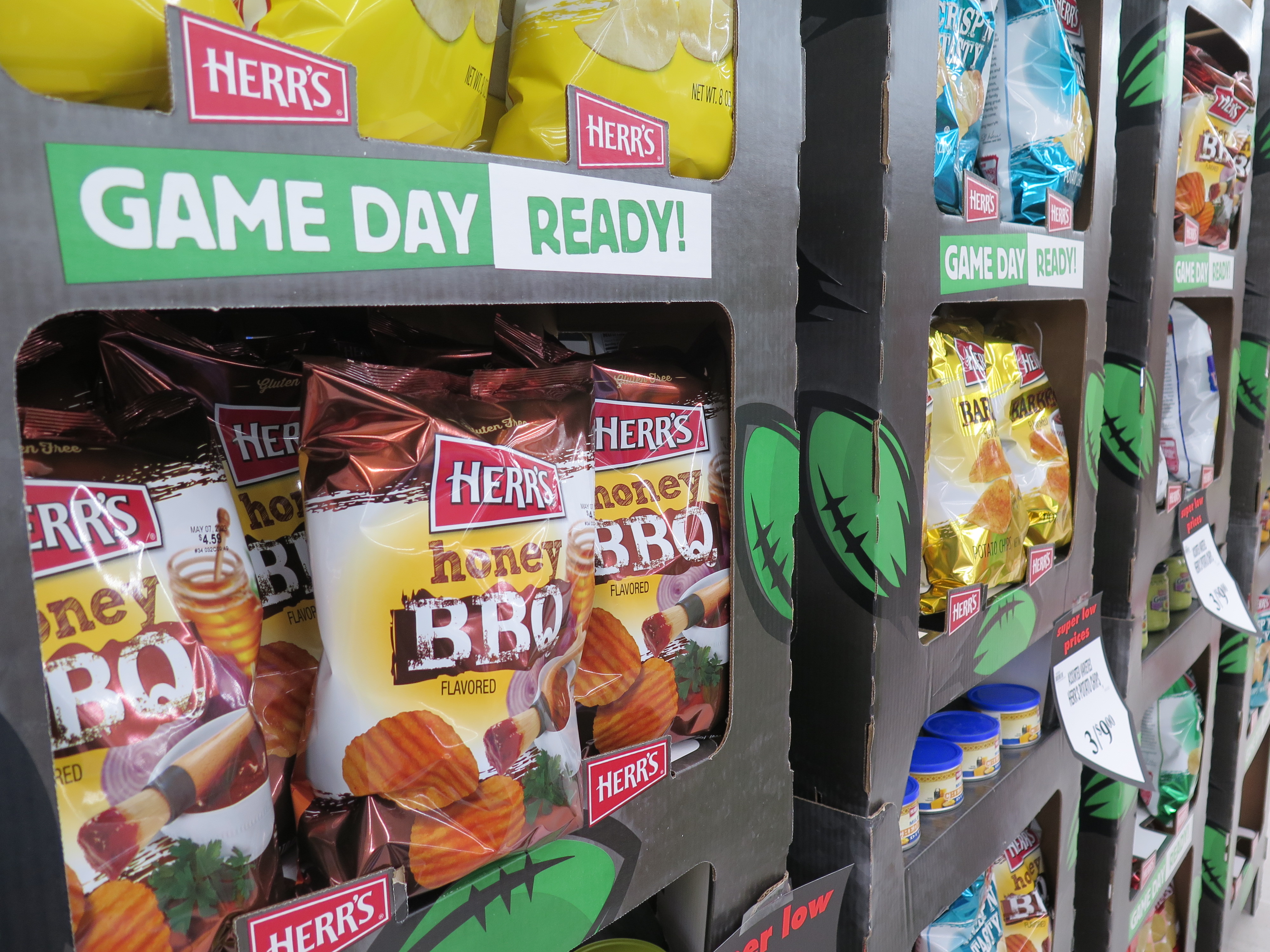 A Super Bowl-themed display of potato chips at the Redner's Warehouse Markets in South Heidelberg Township. (DAVID MEKEEL - READING EAGLE)