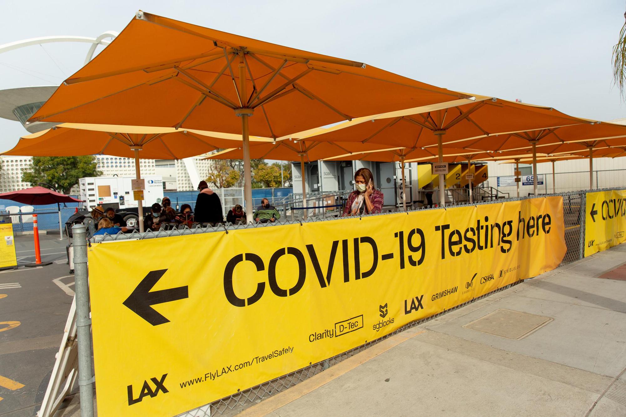 Pictured is a Covid-19 testing site at Los Angeles International Airport on December 6. California is closing down testing centers as it phases out of the COVID-19 health crisis. (File photo)