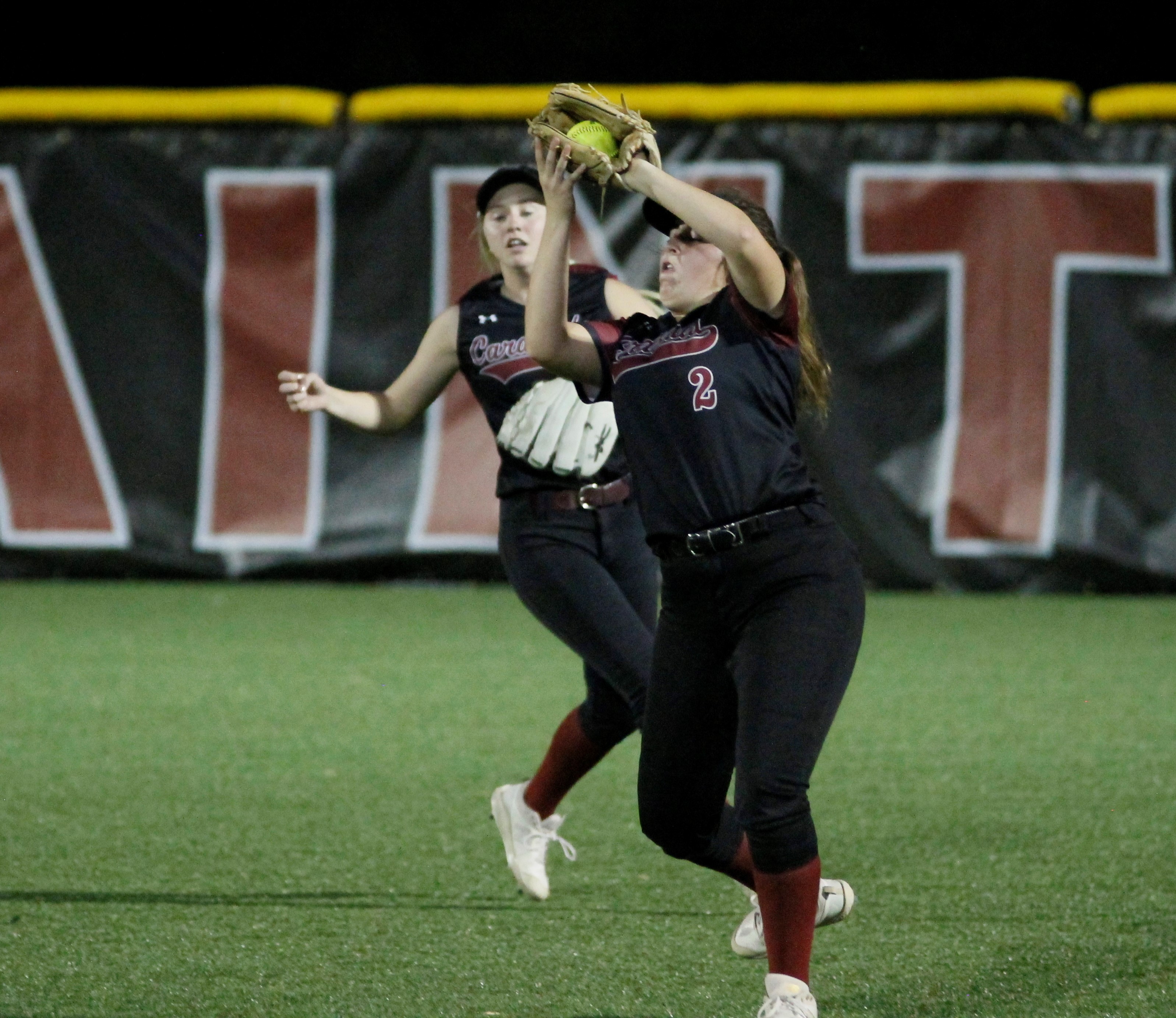 Clear Lake right fielder Grace Gomez makes the catch on Linnea Cupp's game-winning sacrifice fly in the bottom of the seventh inning, which lifted the St. Helena Saints to a 2-1 victory in the semifinals of the North Coast Section Division 5 playoffs at St. Helena High School. (Photos by Bob Minenna)